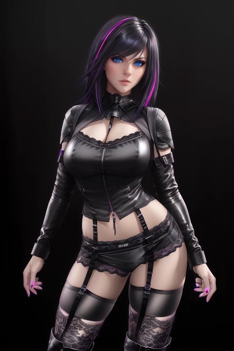 25-Year-Old Woman, Full Body, (standing:1.4), short bright neon streaked black hair, (realistic highly detailed eyes:1.4), (seductive pose:1.2), black eyeshadow, (dominatrix style wear:1.2), (short skirt), (lace underwear:1.4), (knee high heel leather boots), ((dark plain black background:1.4)), Serious Face, Realistic Face Resolution, Realistic, Object Resolution