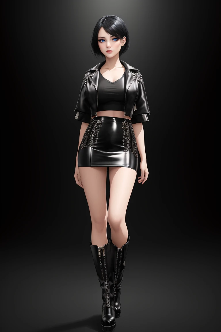 beautiful girl, ((standing:1.4)), (confident gaze:1.1), full body, short bright neon streaked black hair, ((realistic highly detailed eyes:1.4)), ((seductive pose:1.2)), black eyeshadow, (street style wear:1.2), ((short skirt)), ((knee high leather boots)),((dark plain black background:1.4)), dark makeup, digital art, trending on artstation, highly detailed, fine detail, intricate, detailed facial features, sharp focus, smooth, aesthetic,