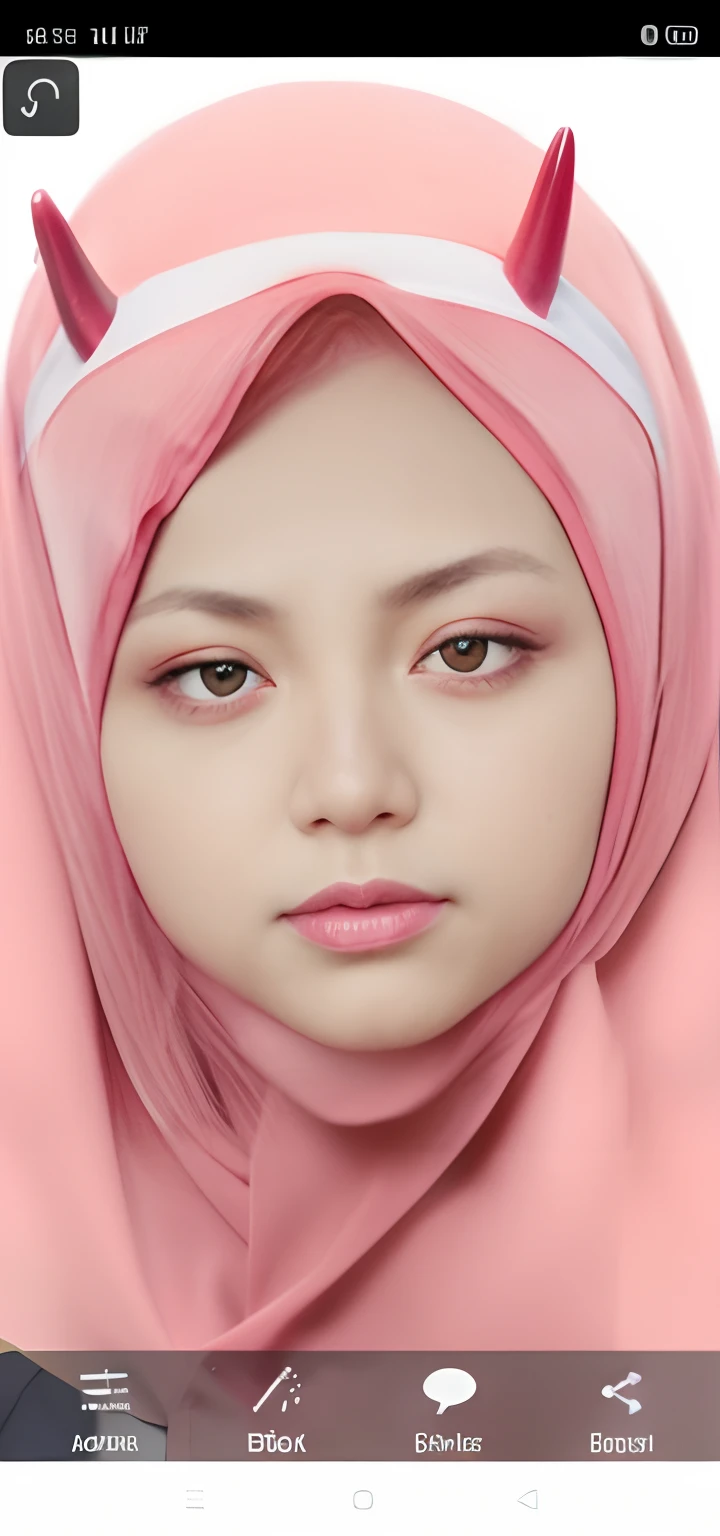 a close up of a woman wearing a pink hijab and a red jacket,