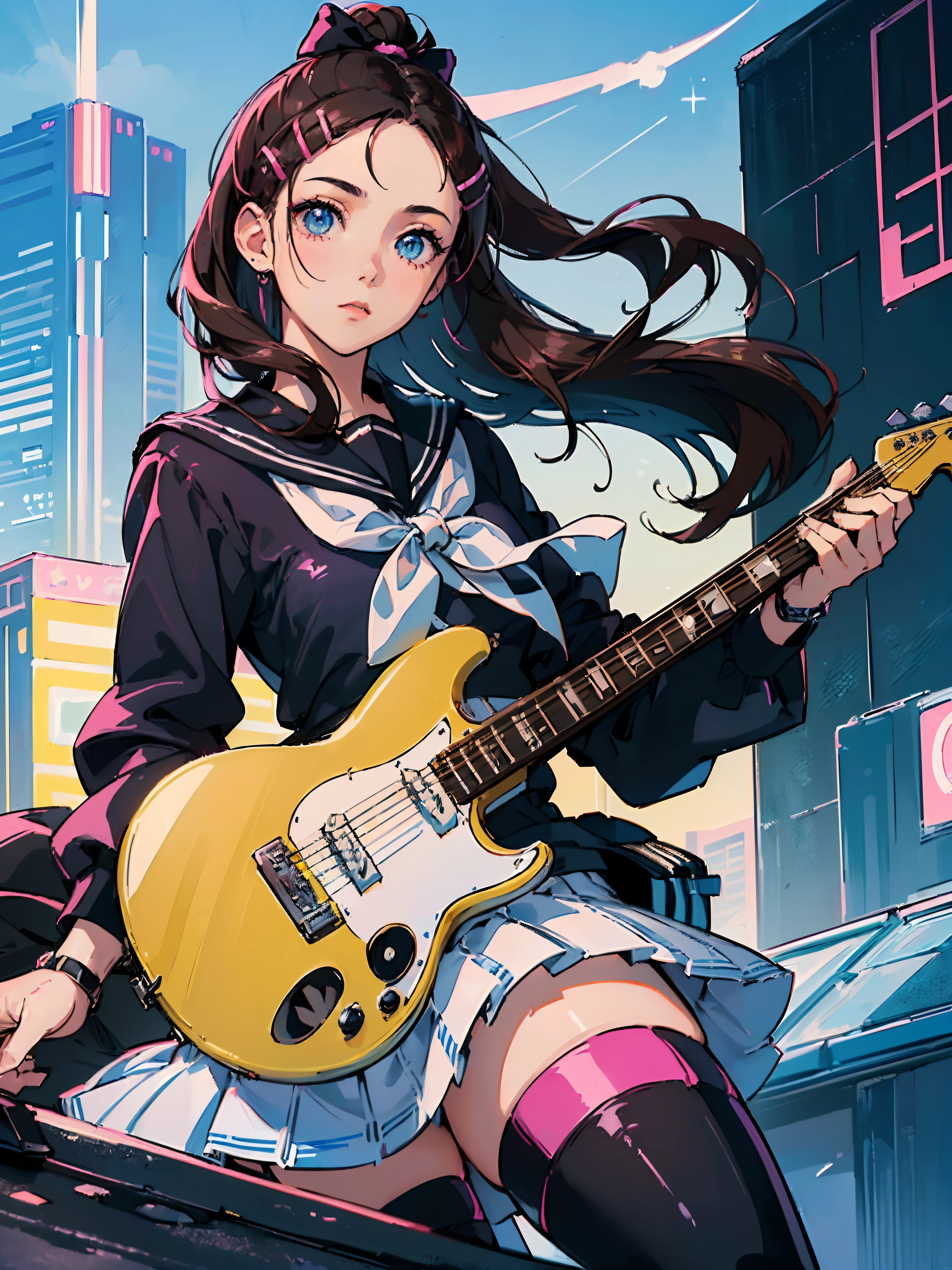 ((((Sharp focus,Vaporwave,staring,))))((electric guitar,playing guitar,))(Masterpiece illustration,Beautiful and aesthetic:1.2,aim to viewers,from below), Best quality,Top quality, Epic quality,((((rooftop,outdoor,))))(shooting stars,moonlight,moon glare, god light,))Neat face,underage,Young,Beautiful detailed hair,brown hair,hyper HD, retinas, Textured skin, A high resolution, 16k ,((hairclip,forehead,long sidelocks,long hair,Large bow on hair)),Detailed face, 1JK, 1girl,Solo, Perfect face, Very amazing girl,(black sailor uniform,White sailor tie at front),rim-light,((rock and roll))