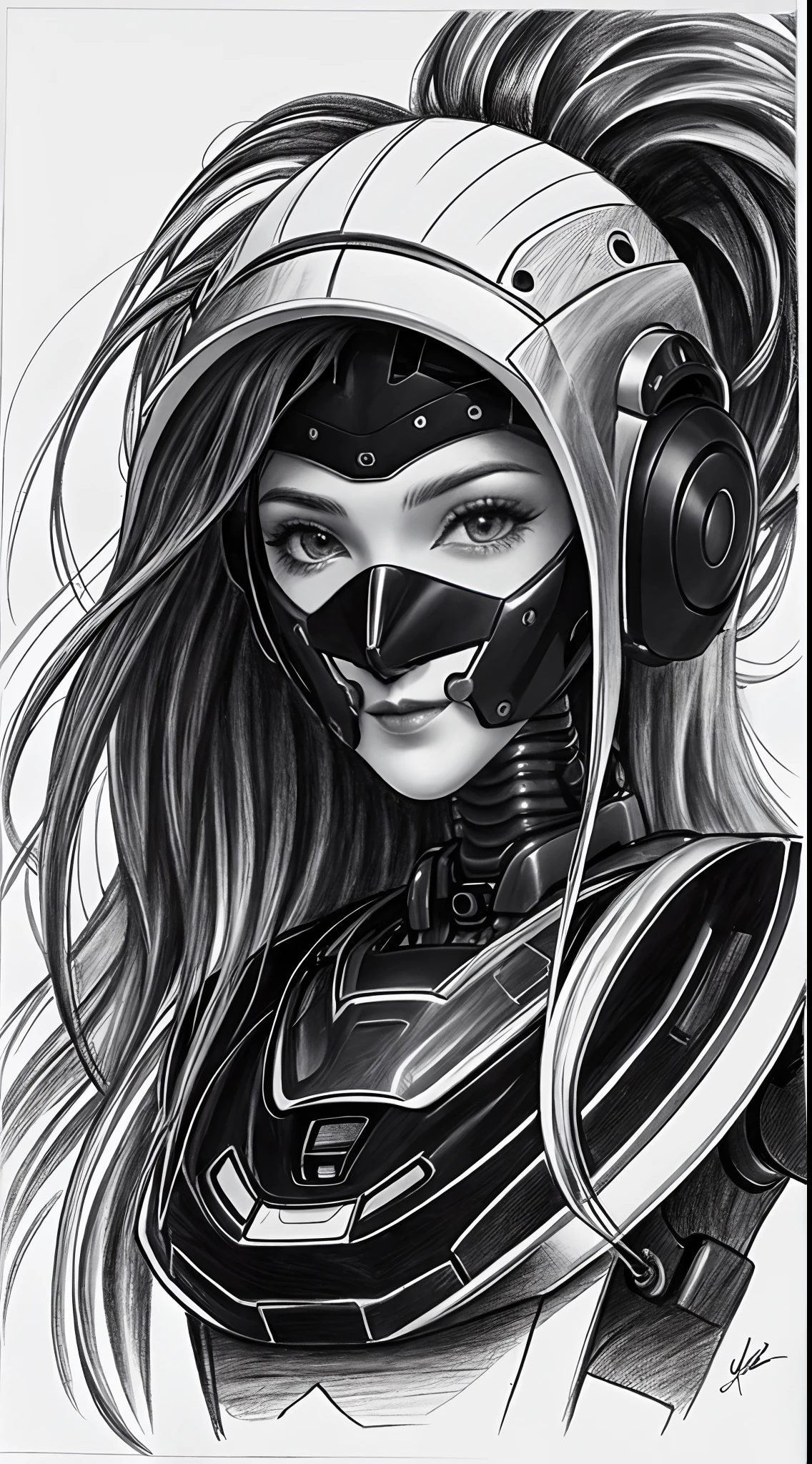 ，(character sketch:1.1)，(charcoal drawing:1.2)，Sketch，(pencil drawing:1.3)，Charcoal painting style，Black and white，character sketch, high resolution, 1womanl, Solo,  (Detailed face), kda，bioluminic, Black and white galactic cybernetic mask,  (abstracted, Make a sketch of a robot with high technology:1.3), Part description, Portrait, SH4G0D,