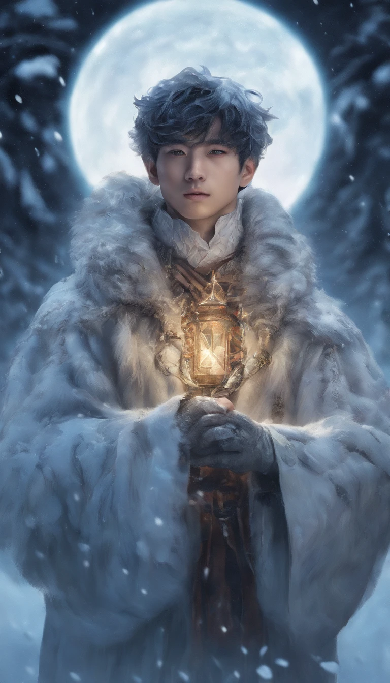 Winter lights, winter setting, Masterpiece, Young Korean idol boy in Focous shot, Korean male,Full body size, Christmas theme, With gray eyes, Vertical pupils, forest, whaite hair, Cold look, Lightweight, modern clothing, Pale skin, colorgrading, Lighting illustration, the person in the middle, Extreme quality, Radiant, Extremely detailed, Ultra-detailed face, Ultra HD 8K, ultra digitality, Mythical, Winter night lightning, Concept art portrait by Greg rutkowski, Art germ, ultra - detailed, intricate art, Fantasy style, triadic colours, Fantastical, intricately details, Splash screen, complementary colours, fantasy concept art, 8K resolution, Deviantart's masterpiece, Oil painting, Heavy strokes, Soft lighting, Film photography, analogue photography, filmgrain, anna dittmann, hyper photorealism, oil dripping,Boy,Male, Korean idol male face, Men with short hair,