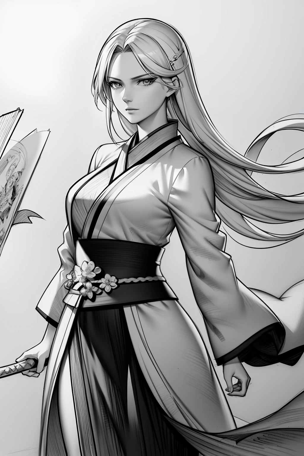 Girl,swordsmen,Ancient wind, Acura, florals, Solo, Hanfu, Flower lines draw the background, white backgrounid, single body, dessin au trait, ((Sketch factory)),(character sketch:1.1),(charcoal drawing:1.2),Sketch,(pencil drawing:1.3),Charcoal painting style,Black and white,character sketch,