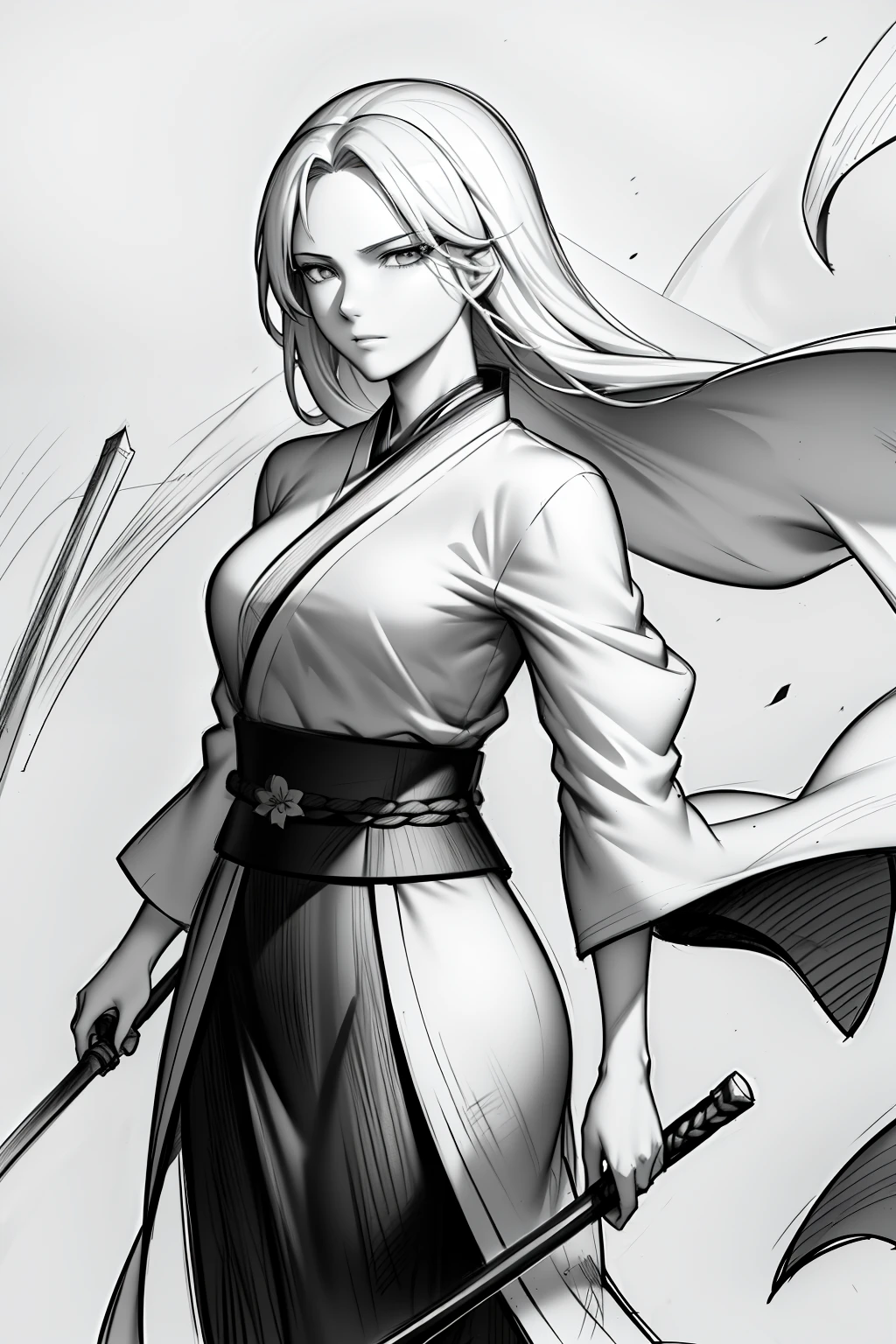 Girl，swordsmen，Ancient wind, Acura, florals, Solo, Hanfu, Flower lines draw the background, white backgrounid, single body, dessin au trait, ((Sketch factory))，(character sketch:1.1)，(charcoal drawing:1.2)，Sketch，(pencil drawing:1.3)，Charcoal painting style，Black and white，character sketch,