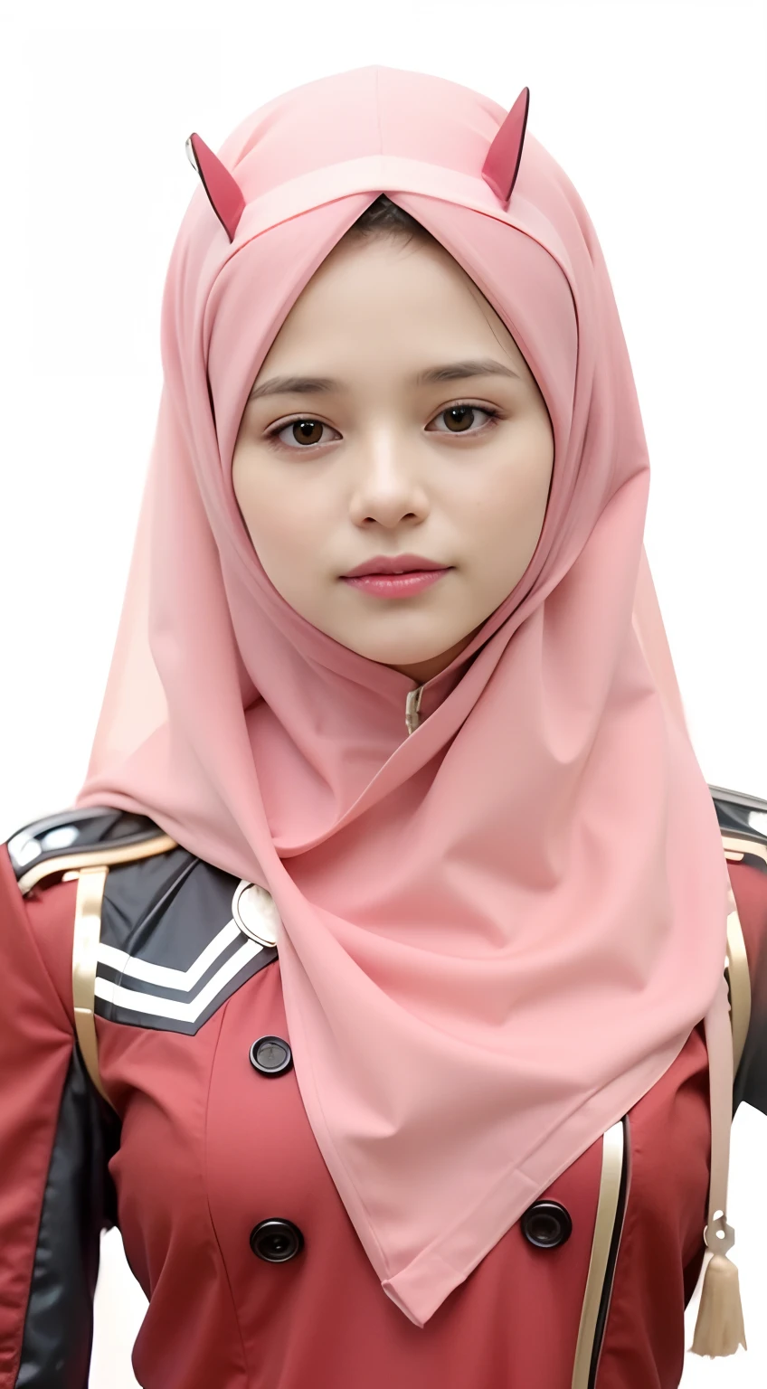 a close up of a woman wearing a pink hijab and a red jacket,