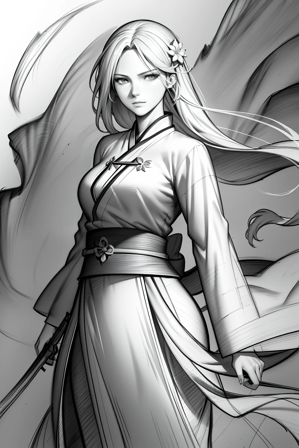 Girl，swordsmen，Ancient wind, Acura, florals, Solo, Hanfu, Flower lines draw the background, white backgrounid, single body, dessin au trait, ((Sketch factory))，(character sketch:1.1)，(charcoal drawing:1.2)，Sketch，(pencil drawing:1.3)，Charcoal painting style，Black and white，character sketch,