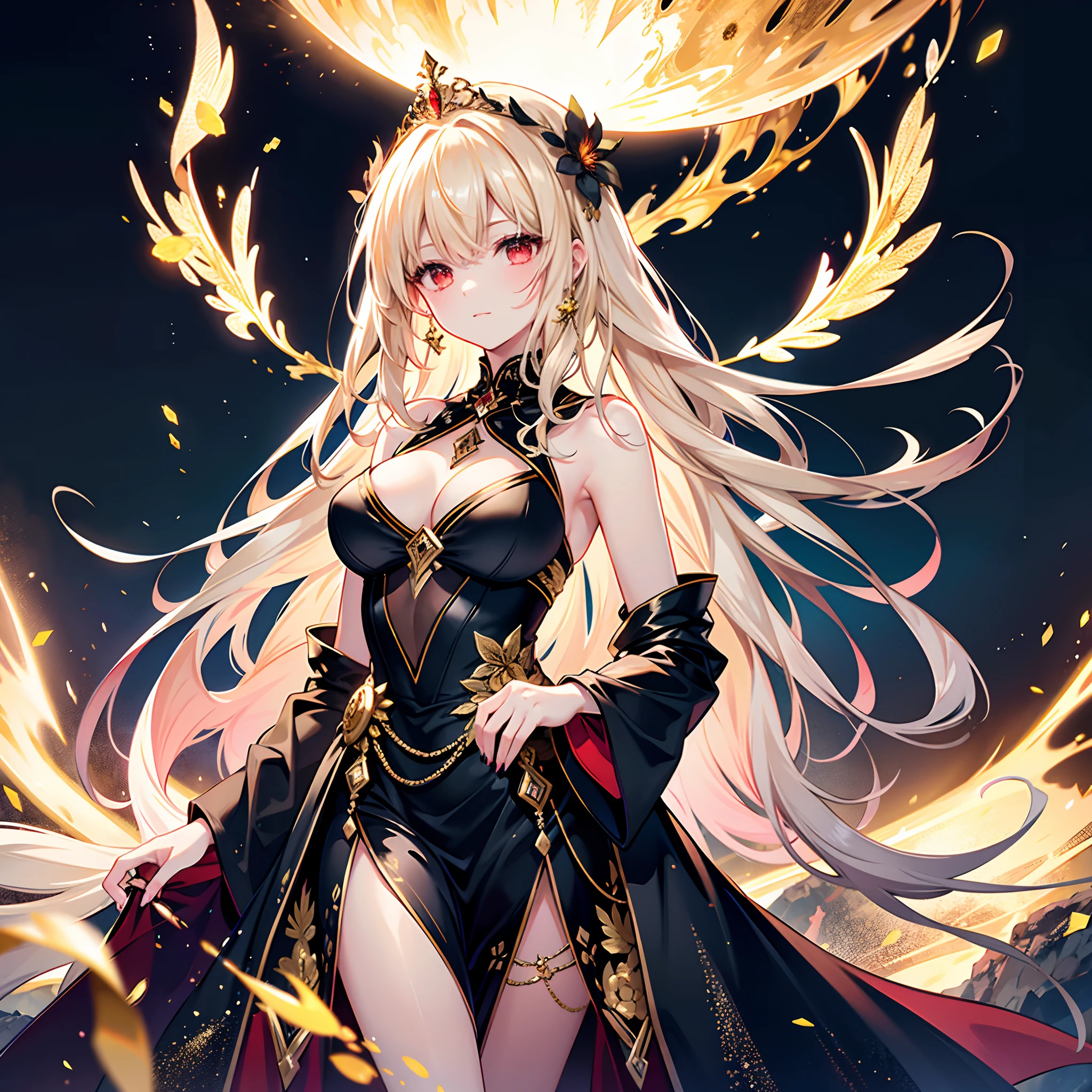 Full shot body, illustration, Cinematic light, fantasy, Highest quality, Ultra detailed,  Best quality, Masterpiece, (Detailed face), Tall and sexy mature woman , A dress made of gold coins strung together,Gold tiara, Glowing quicksand, Floating ember crystals, Blonde jewelry, Metal reflects sunlight, (Focus on body:1.25), Gray-black sky, Volcano and lava sea in the background, Long straight hair, Red eyes, emitting magic energy, Dark, light bounce,