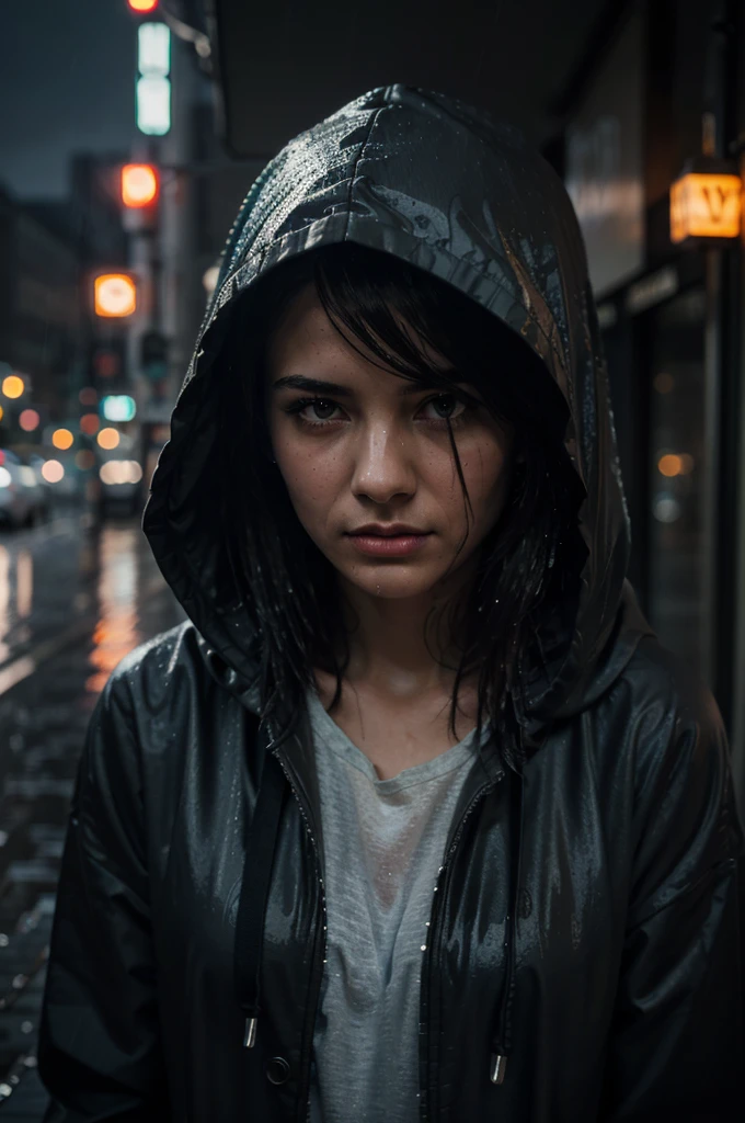 A girl with hood alone in the rain,illustration,pouring rain,loneliness,best quality,ultra-detailed,realistic,portrait,dark tone,misty atmosphere,wet streets,hooded raincoat,melancholy expression,invisible umbrella,shimmering lights,urban setting,highres,vivid colors,bokeh,night scene,NY cityscape.