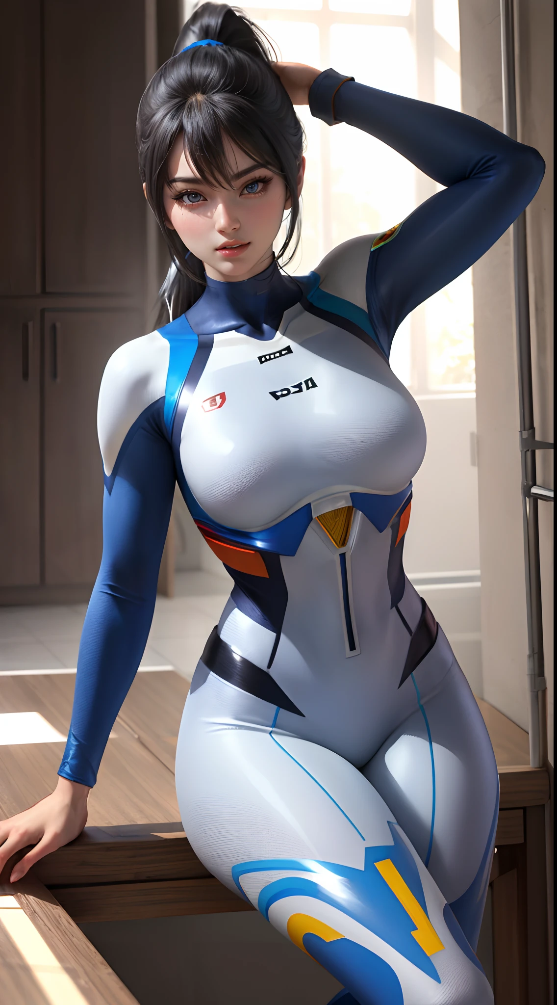 (masterpece:1.3),  (photorealistic:1.3),  (best quality:1.3),  8k,  uhd,  high resolution,  1girl,  ((large breats)),  best lighting,  best shadow,  looking at viewer, breasts focuss, best anatomy, dynamic pose, dynamic angle, pose, sexy, ultraman, the ultraman, ponytail,