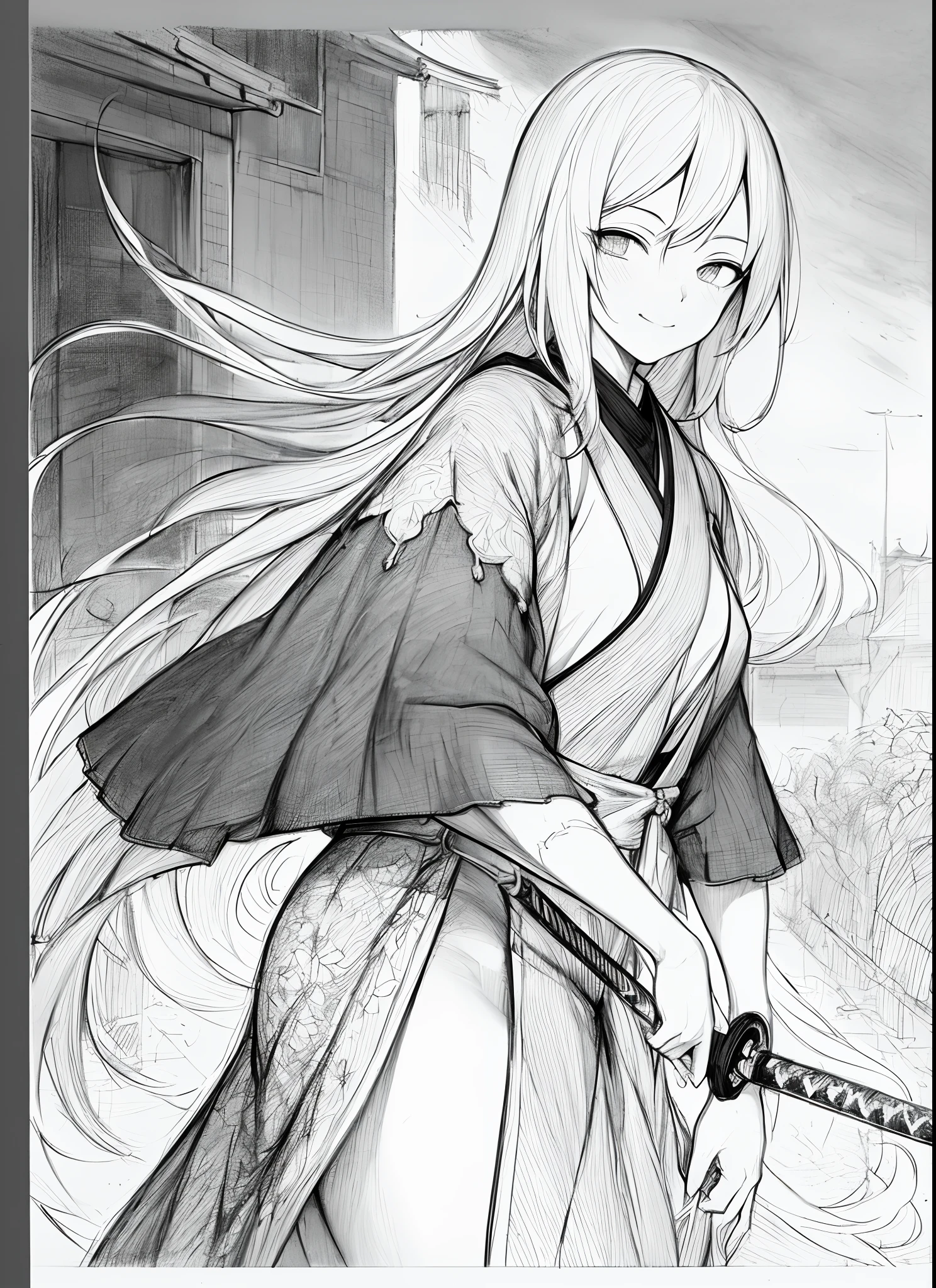 Best Masterpiece,1girl,独奏,unbelievable Ridiculous,Girl,swordsmen,Ancient wind,Hanfu,the street,exteriors,Sateen,neonlight,Light smile,hijabi sluty,hands in a pocket,Look elsewhere,From the side Side,Line drawings,Mono Color,,(character sketch:1.1),(charcoal drawing:1.2),Sketch,(pencil drawing:1.3),Charcoal painting style,Black and white,