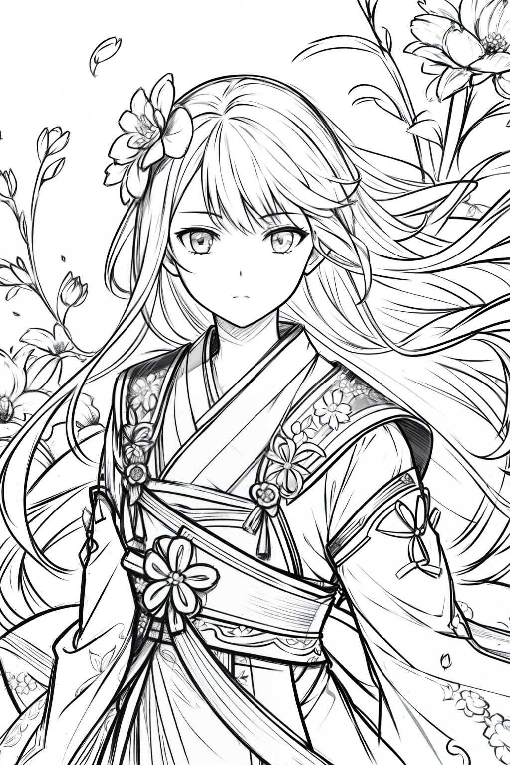 Girl，swordsmen，Ancient wind, Acura, florals, Solo, Hanfu, Flower lines draw the background, white backgrounid, single body, dessin au trait, ((Sketch factory))