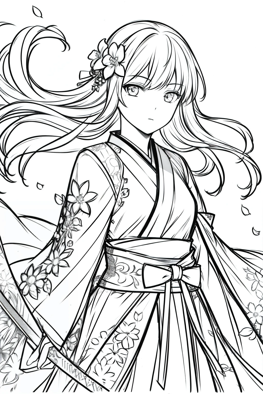 Girl,swordsmen,Ancient wind, Acura, florals, Solo, Hanfu, Flower lines draw the background, white backgrounid, single body, dessin au trait, ((Sketch factory))