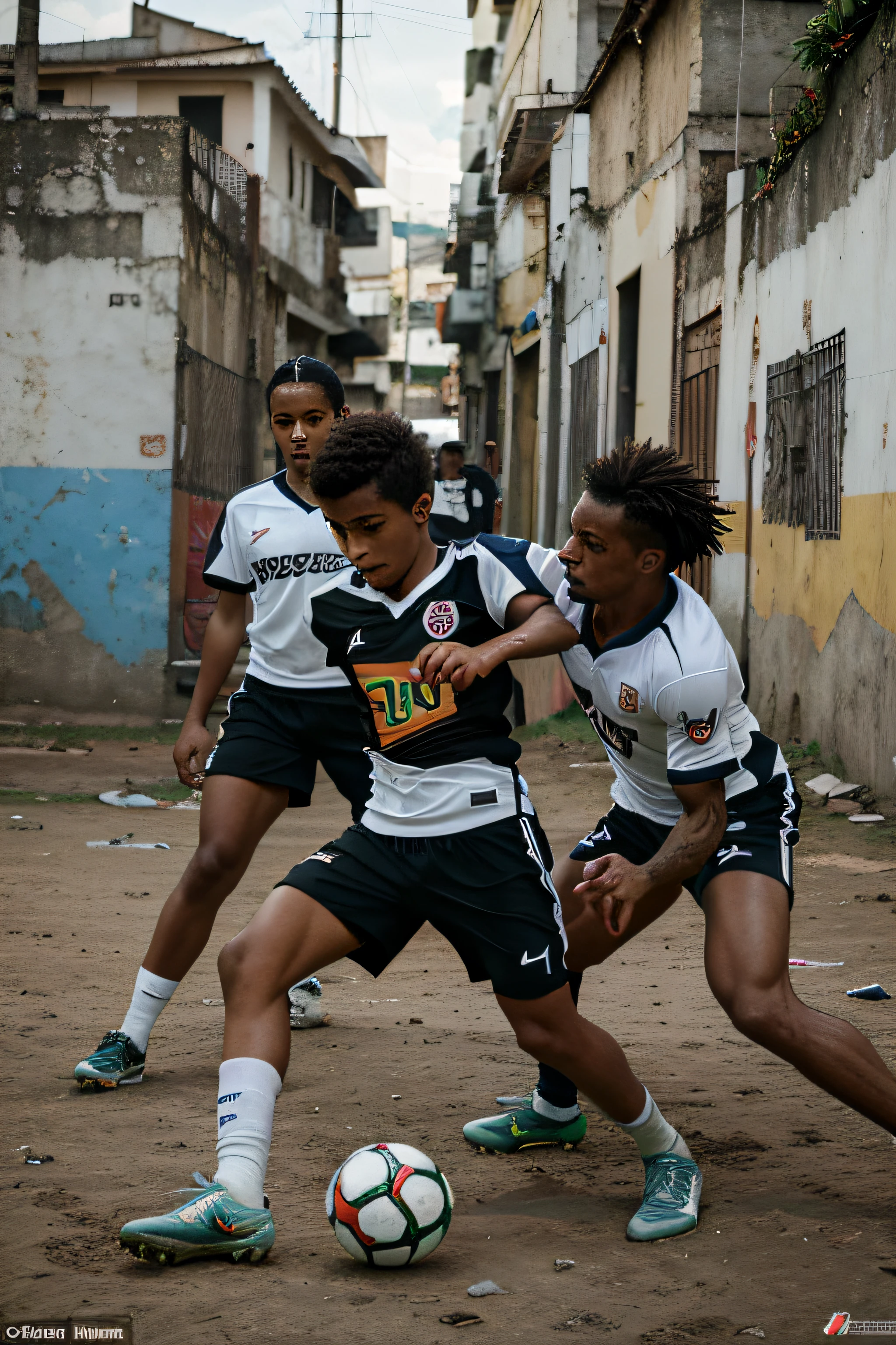 Create a high-resolution (4K) digital image that captures the essence of football art in Brazil, highlighting its roots in the favelas. Illustrate the favela environment with street art, depicting colorful and expressive graffiti that reflects the passion for football.

Portray a radiant sky, symbolizing hope and the promise of a bright future, even amidst challenges. Showcase the contagious joy of local children, playing and engaging in improvised street football, conveying the purity and authenticity of this cultural expression.

Emphasize diversity by featuring both black and white players, united in harmony, playing side by side. Highlight unity and collaboration, showcasing that football transcends social and racial barriers, promoting equality and peaceful coexistence.

The composition of the image should evoke positive emotions, conveying the joy, resilience, and communal strength that characterize football art in Brazilian roots. Details such as facial expressions, dynamic movements, and interactions between people are crucial to create a powerful and authentic visual representation."