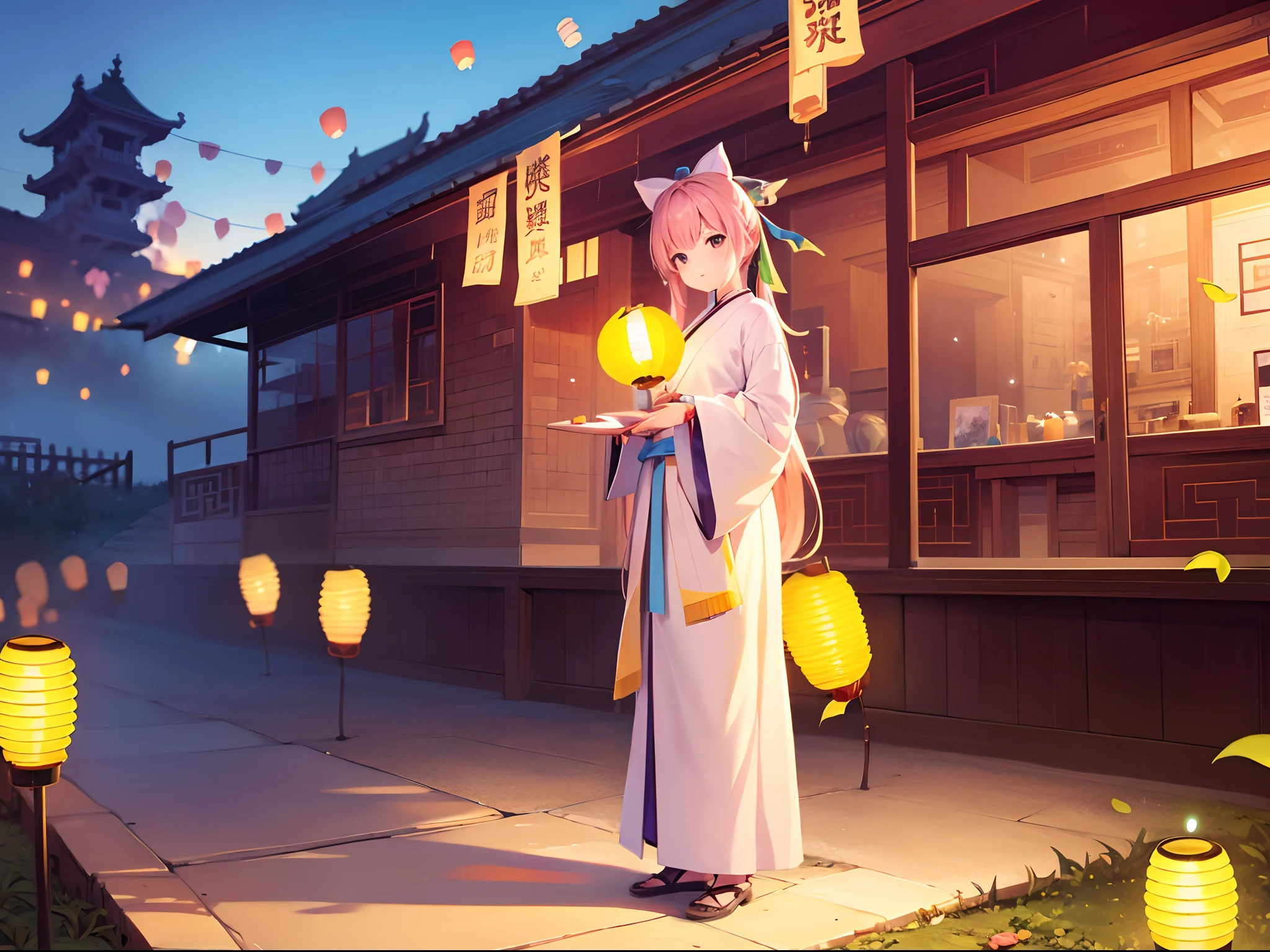 Official art, Unity 8k壁纸, ultra-detailliert, Beautiful and aesthetic, masutepiece, Best Quality, (fire, Water, bow ribbon, paper cutting), (Fractal Art:1.3) 1girl in,building, (Solo:1.5), Chinese_Clothes,  Outdoors, wide_sleeves, Sunset, (Falling_Leaves:1.2), Antin, (paper_lantern:1.5),Blue sky, (Outdoors:1.5),Hanfu, (Rainbow Candy:0.8), (style-swirlmagic:0.8),One