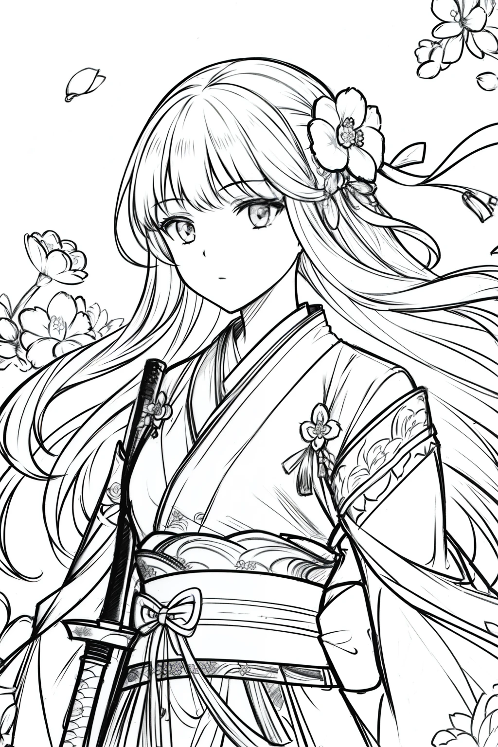 Girl,swordsmen,Ancient wind, Acura, florals, Solo, Hanfu, Flower lines draw the background, white backgrounid, single body, dessin au trait, ((Sketch factory))