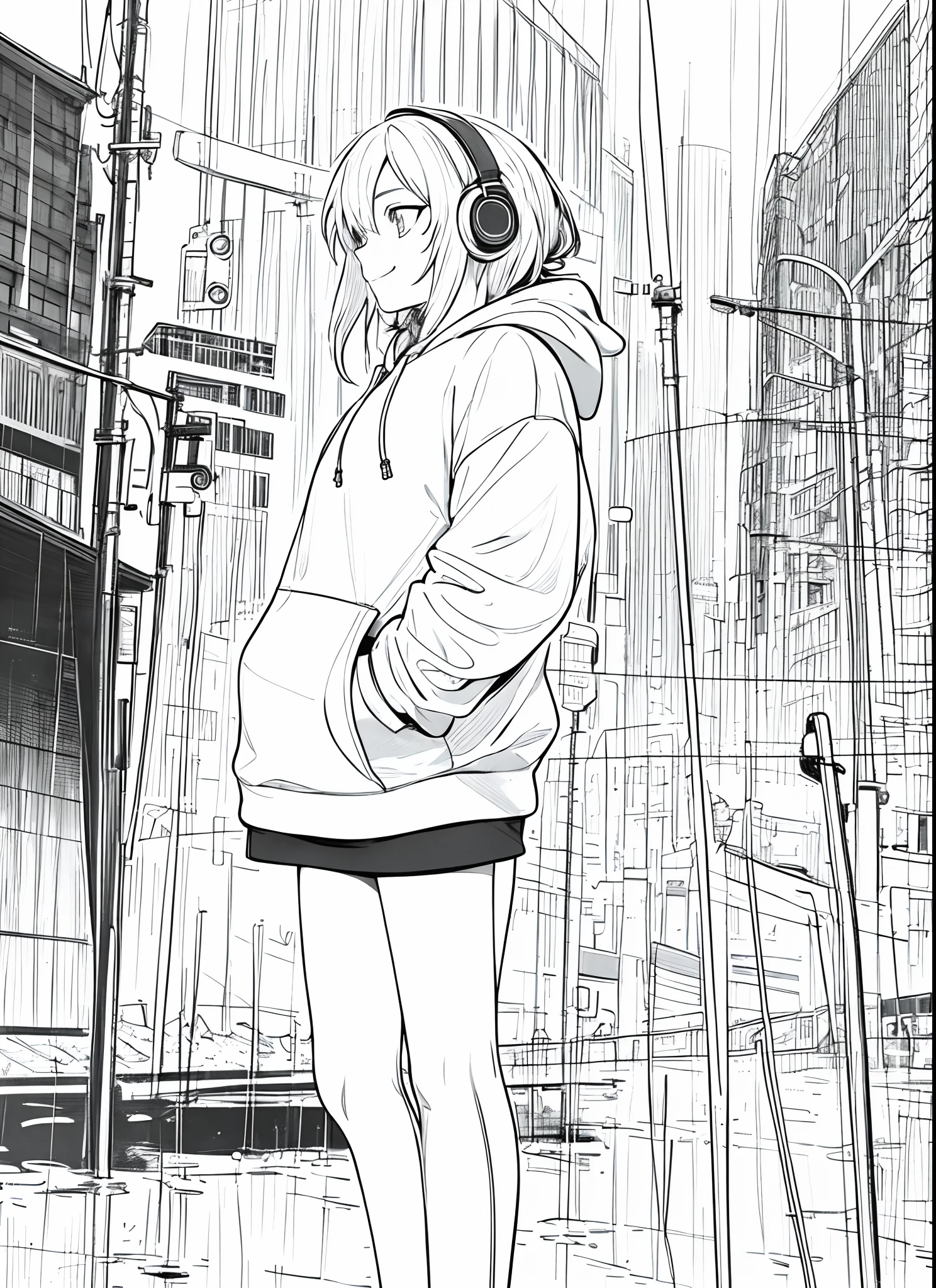 best masterpiece,1girl,solo,incredibly absurdres,hoodie,headphones, street,outdoors,rain,neon lights, light smile, hood up, hands in pockets, looking away, from side, lineart, monochrome,