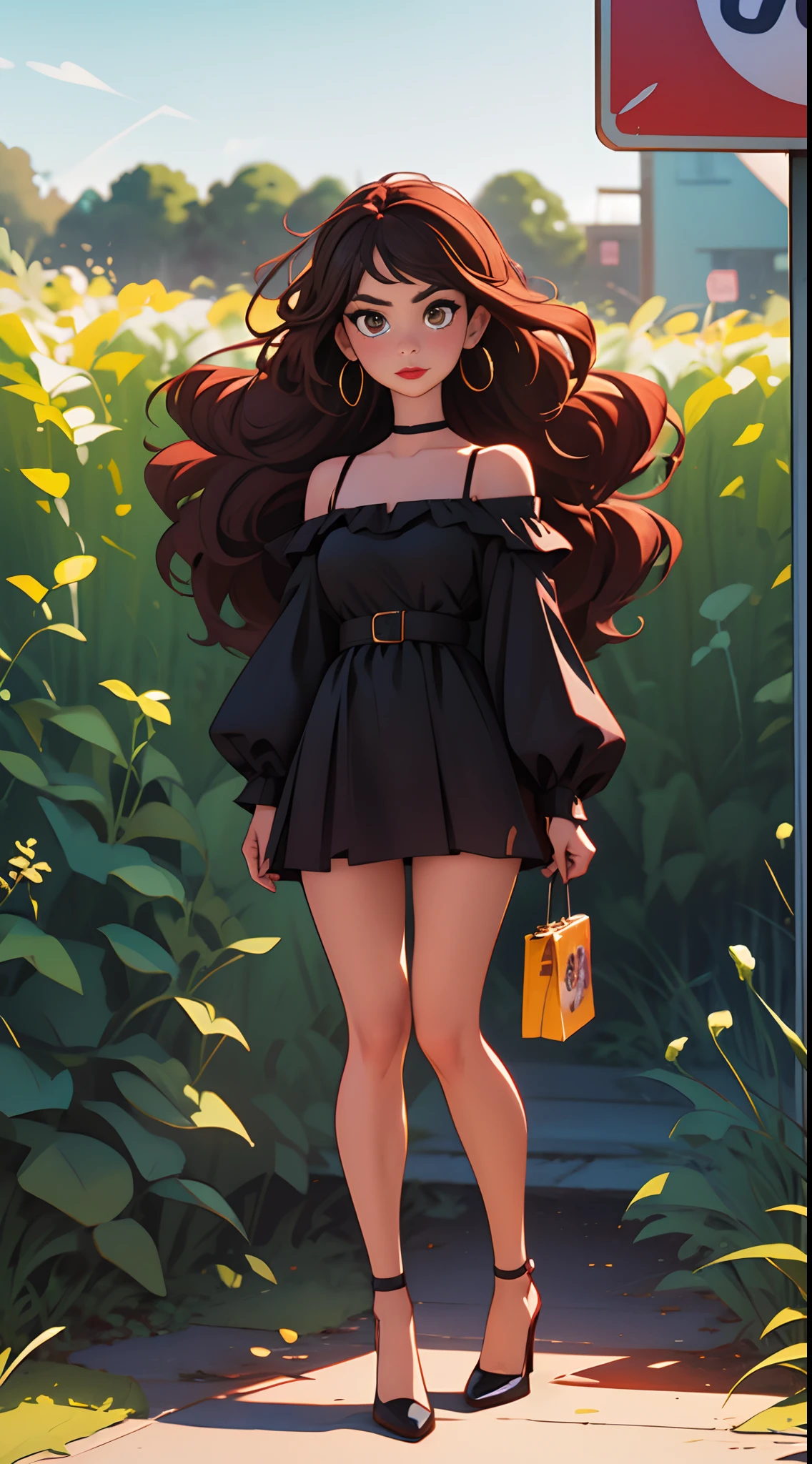 Create a movie poster with the title “Sophia” on it the main focus is a 16 year old white girl with curly brown and auburn colored hair with big dark brown eyes. she should be wearing a black dress with red details. she should have red lipstick and black eyeshadow. her hair should be long and have a middle part. she should be in a field of lavender. her full body should be visible. she is wearing black high heels. this scene should be in the very distinct style of Pixar.
