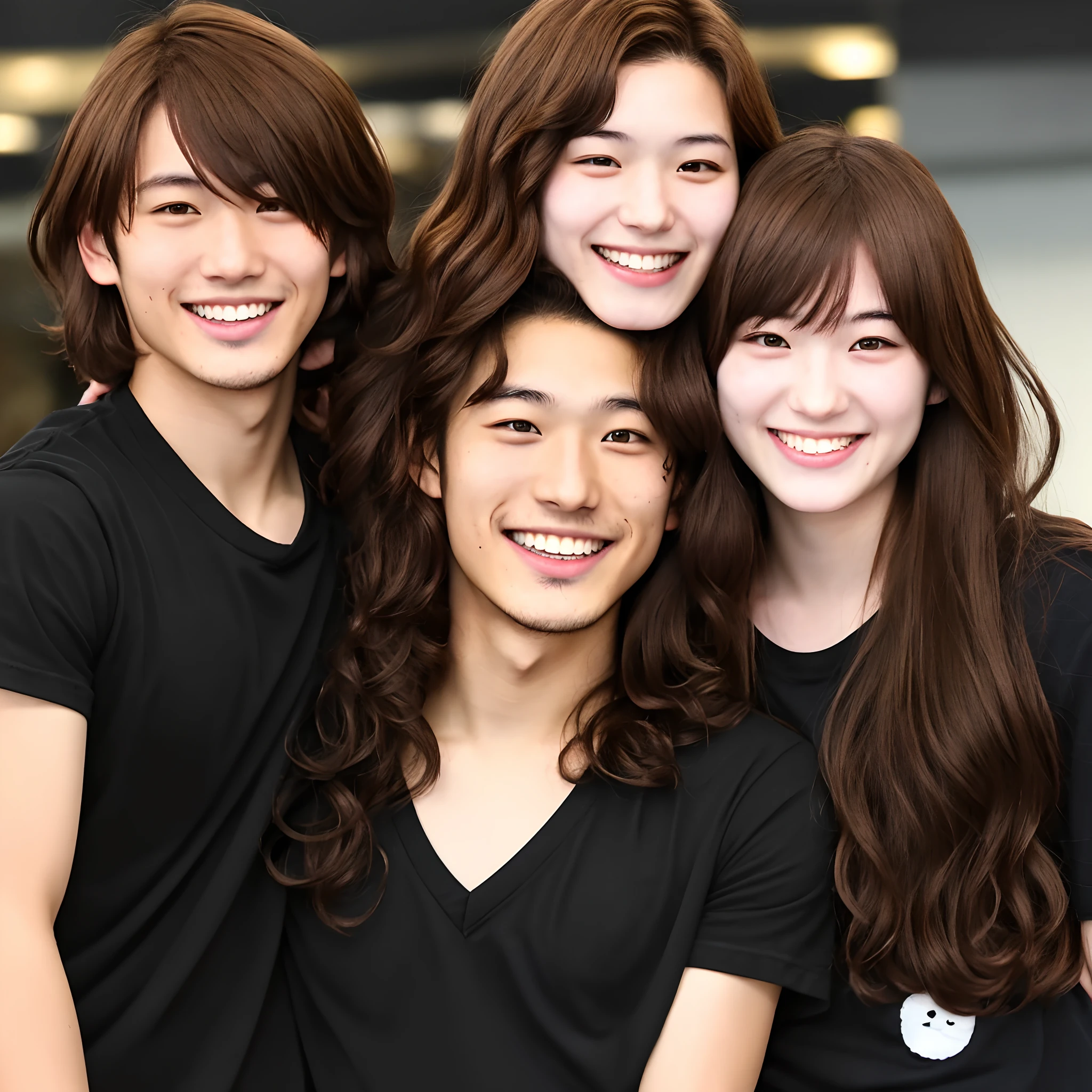 Japanese with wavy brown hair and an eyepatch over his right eye wearing a black shirt smiling