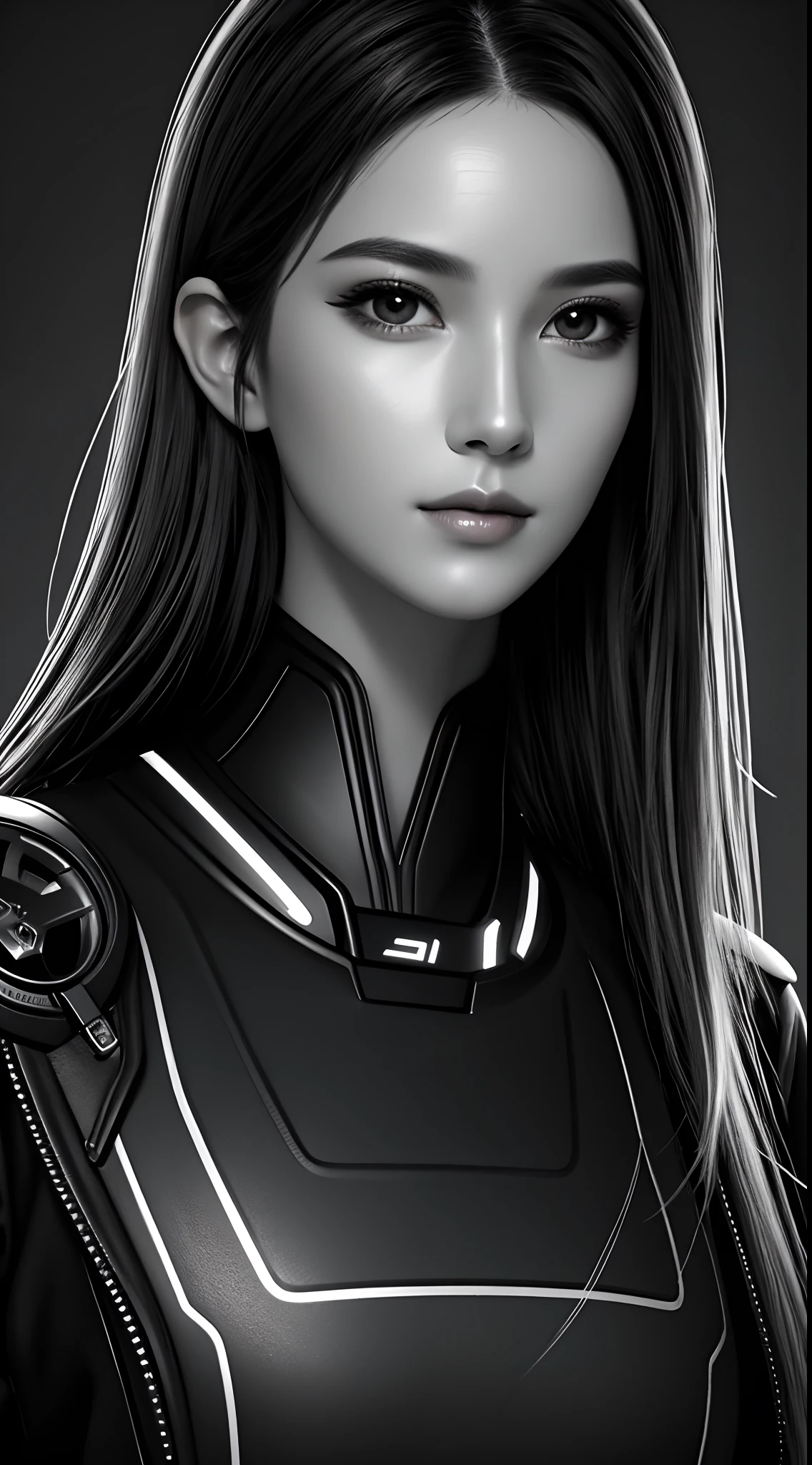 Charcoal painting style，Black and white，character sketch, high resolution, 1womanl, Solo,  (Detailed face), kda，bioluminic, Black and white galactic cybernetic mask, Portrait, SH4G0D,