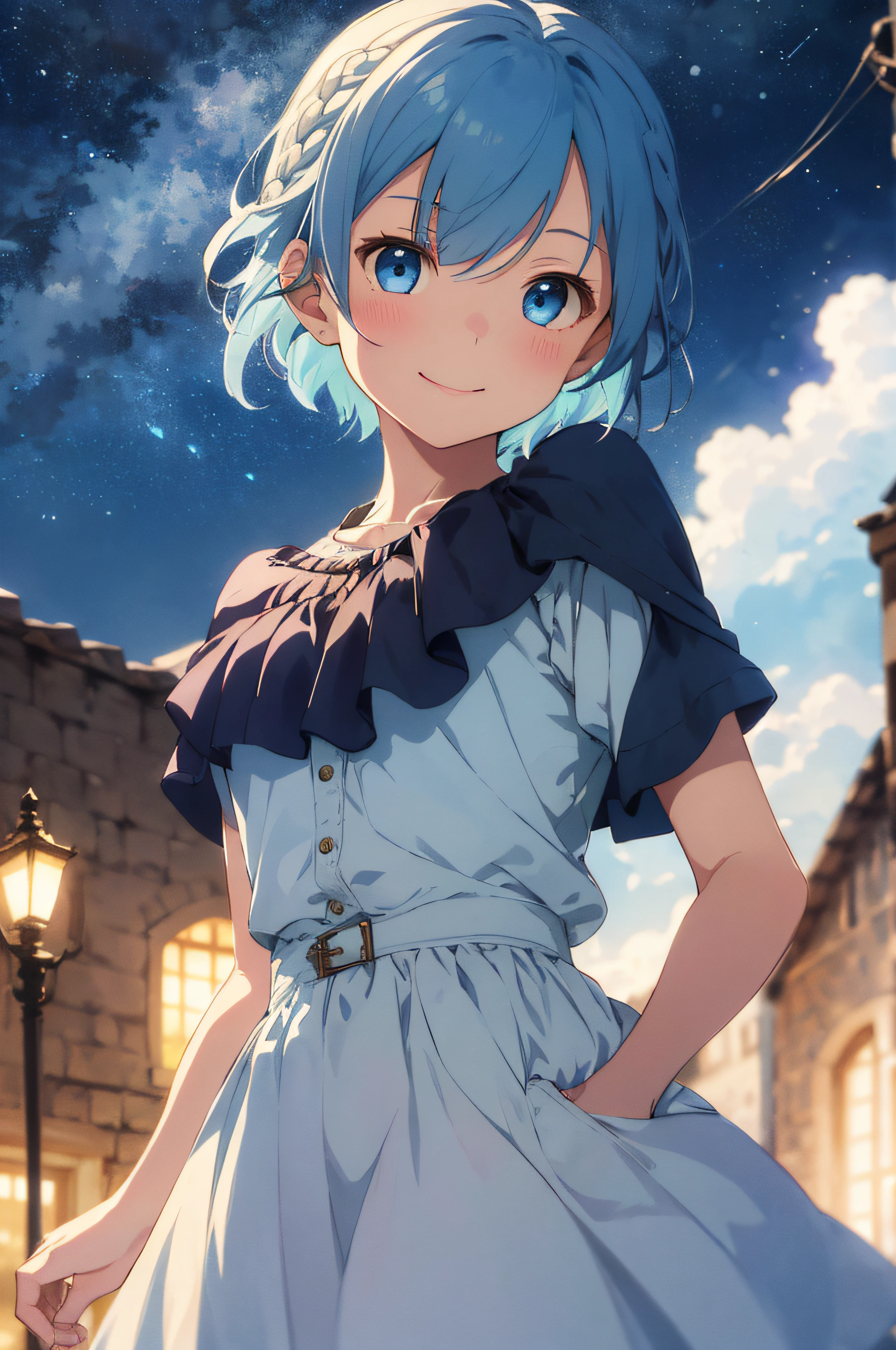 ((Masterpiece), (Best Quality)) (super detailed), (disheveled hair), photography, masterpiece, best quality, wallpaper, 1girl, short hair, sky blue hair, sky blue eyes, cute girl, , small face, short stature, short cut, droopy eyes, pink lips, delicate and slender, small breasts, smiling, white long dress, dark blue poncho, braided boots, daggers, anime, games, medieval europe ( Dramatic Lighting)), (Soft Focus) (Vibrant Colors), (Mysterious Atmosphere)