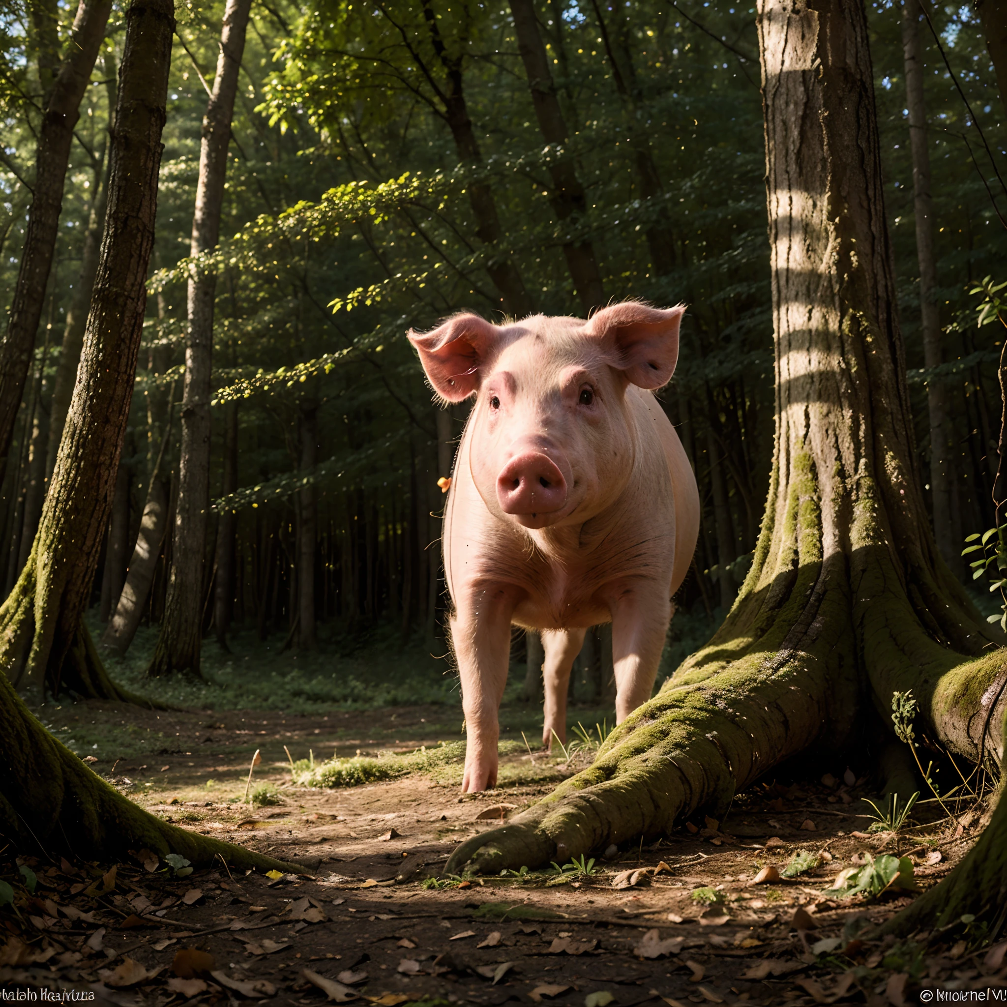 Pig in the forest, roots, shrooms, night, swine