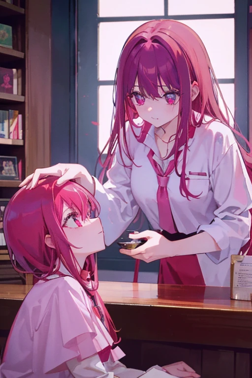 A pink haired woman with violet eyes is giving a red haired woman with red eyes medicine.