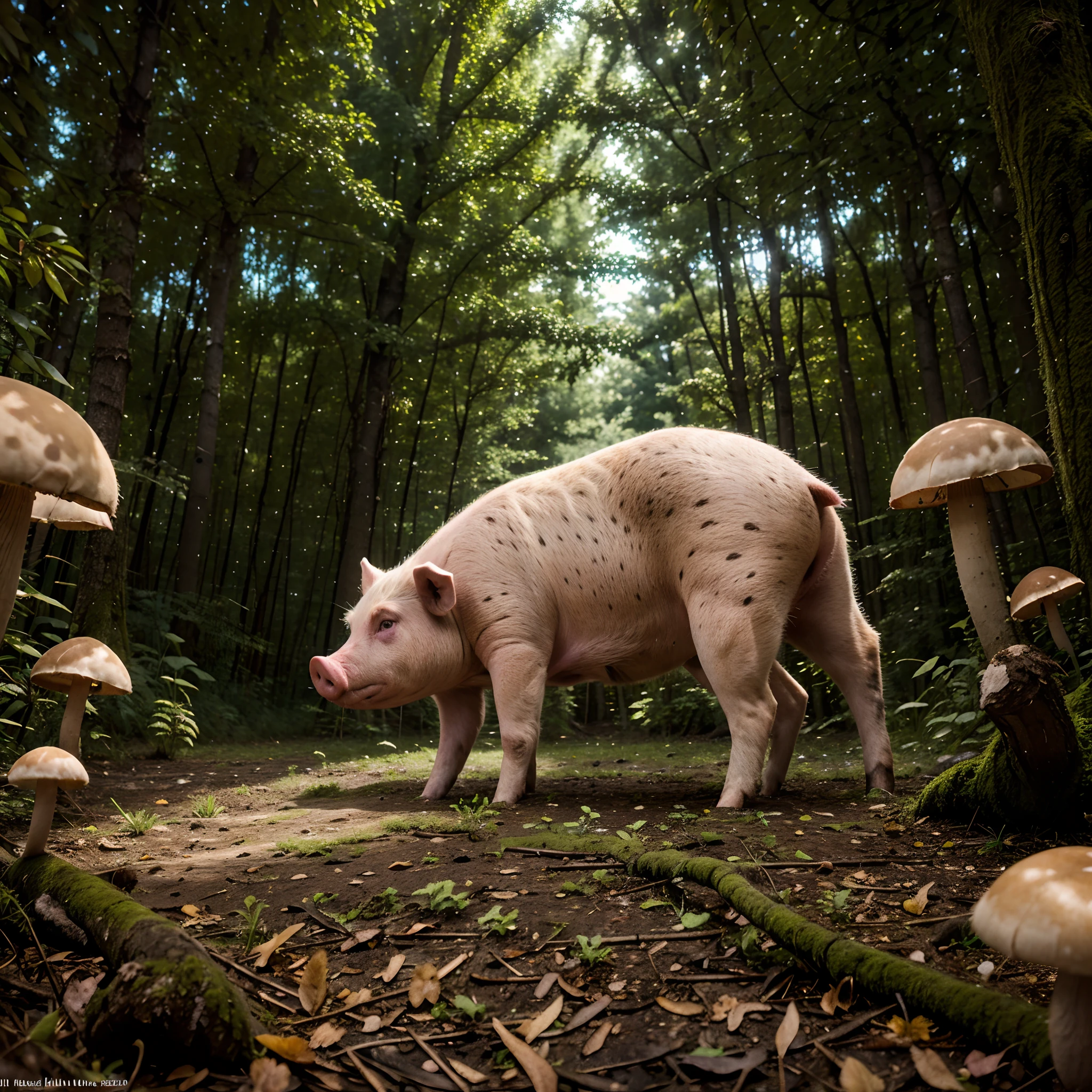 Pig in the forest, roots, shrooms, night, swine