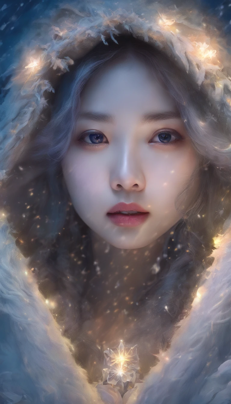 Winter lights, winter setting, Masterpiece, Young Korean idol girl in Focus shot, Korean female, Full body size, Christmas theme, With gray eyes, Vertical pupils, forest, white hair, Cold look, Lightweight, modern clothing, Pale skin, colorgrading, Lighting illustration, the person in the middle, Extreme quality, Radiant, Extremely detailed, Ultra-detailed face, Ultra HD 8K, ultra digitality, Mythical, Winter night lightning, Concept art portrait by Greg rutkowski, Art germ, ultra - detailed, intricate art, Fantasy style, triadic colours, Fantastical, intricately details, Splash screen, complementary colours, fantasy concept art, 8K resolution, Deviantart's masterpiece, Oil painting, Heavy strokes, Soft lighting, Film photography, analogue photography, filmgrain, anna dittmann, hyper photorealism, oil dripping,Girl Female, Korean idol female face, women with long hair,