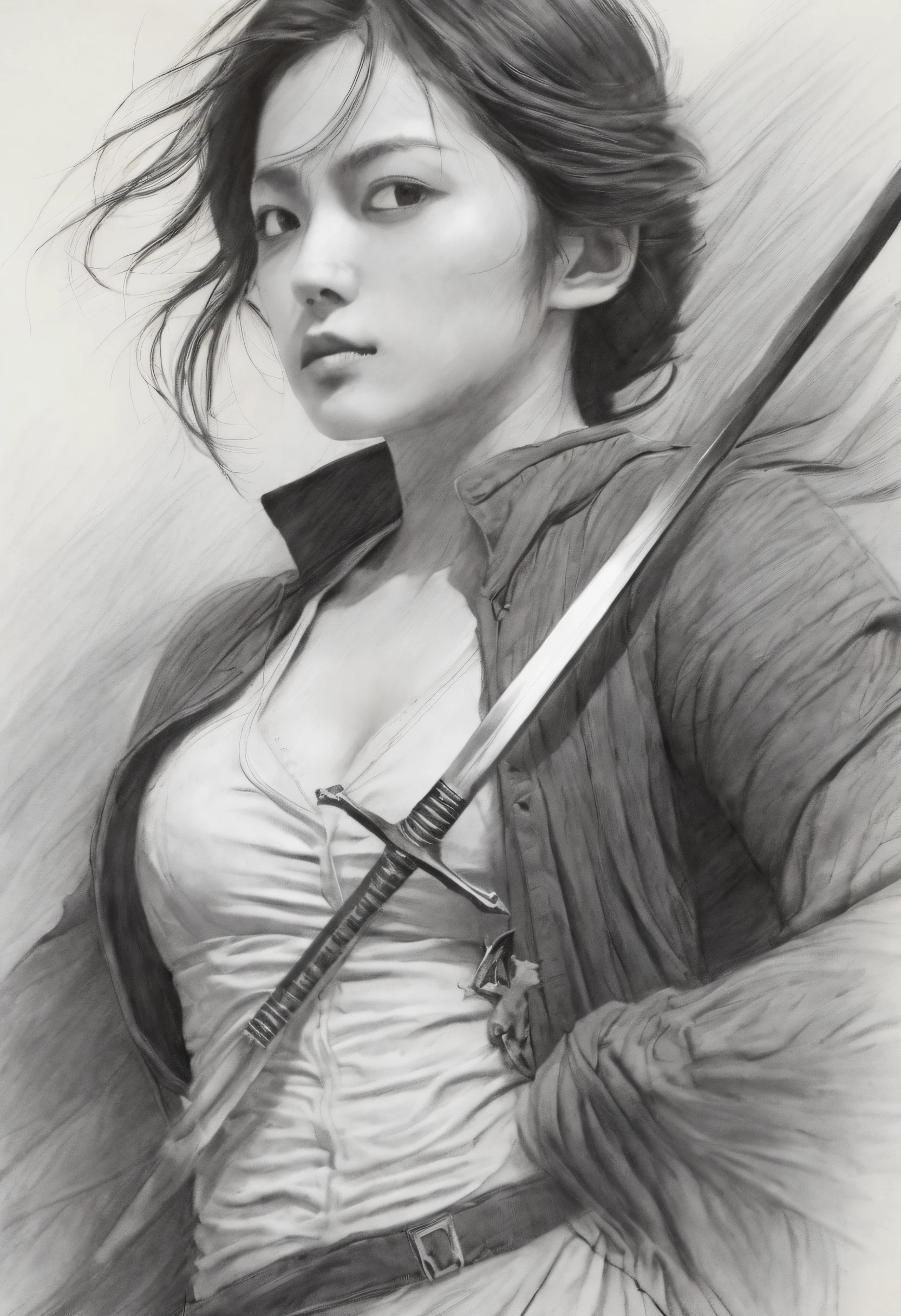 Girl,swordsmen,Ancient wind,Black and white,(character sketch:1.1),(charcoal drawing:1.2),Sketch,(pencil drawing:1.3)