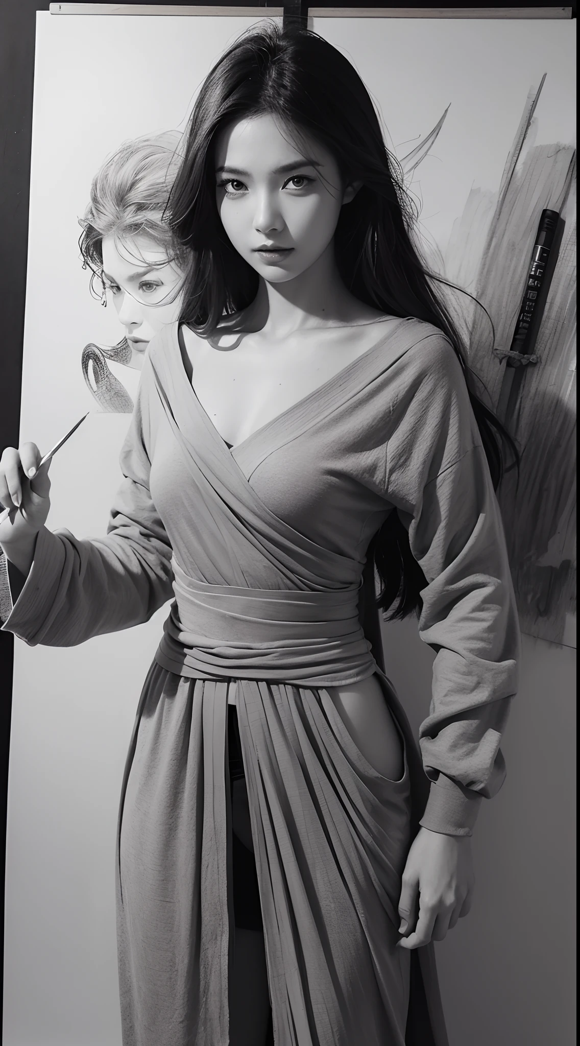 Girl,swordsmen,ancient wind,Black and white,(character sketch:1.1),(charcoal drawing:1.2),Sketch,(pencil drawing:1.3)