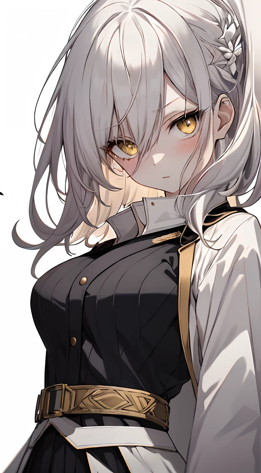Full body, White one-piece military uniform, Jet black head of hair,(masutepiece:1.2, Best Quality), (finely detailed beautiful eye: 1.2), (beautifull detailed face), High contrast, (Best Illumination, extremely delicate and beautiful), ((Cinematic Light)), Dramatic light, Intricate details,Yellow eyes, Shining eyes, Medium chest、Belt under the chest、White military uniform, White skirt,Beige hair, Black tie,Embarrassed look, (Pale white background:1.5), embarrassed from, blushed face、