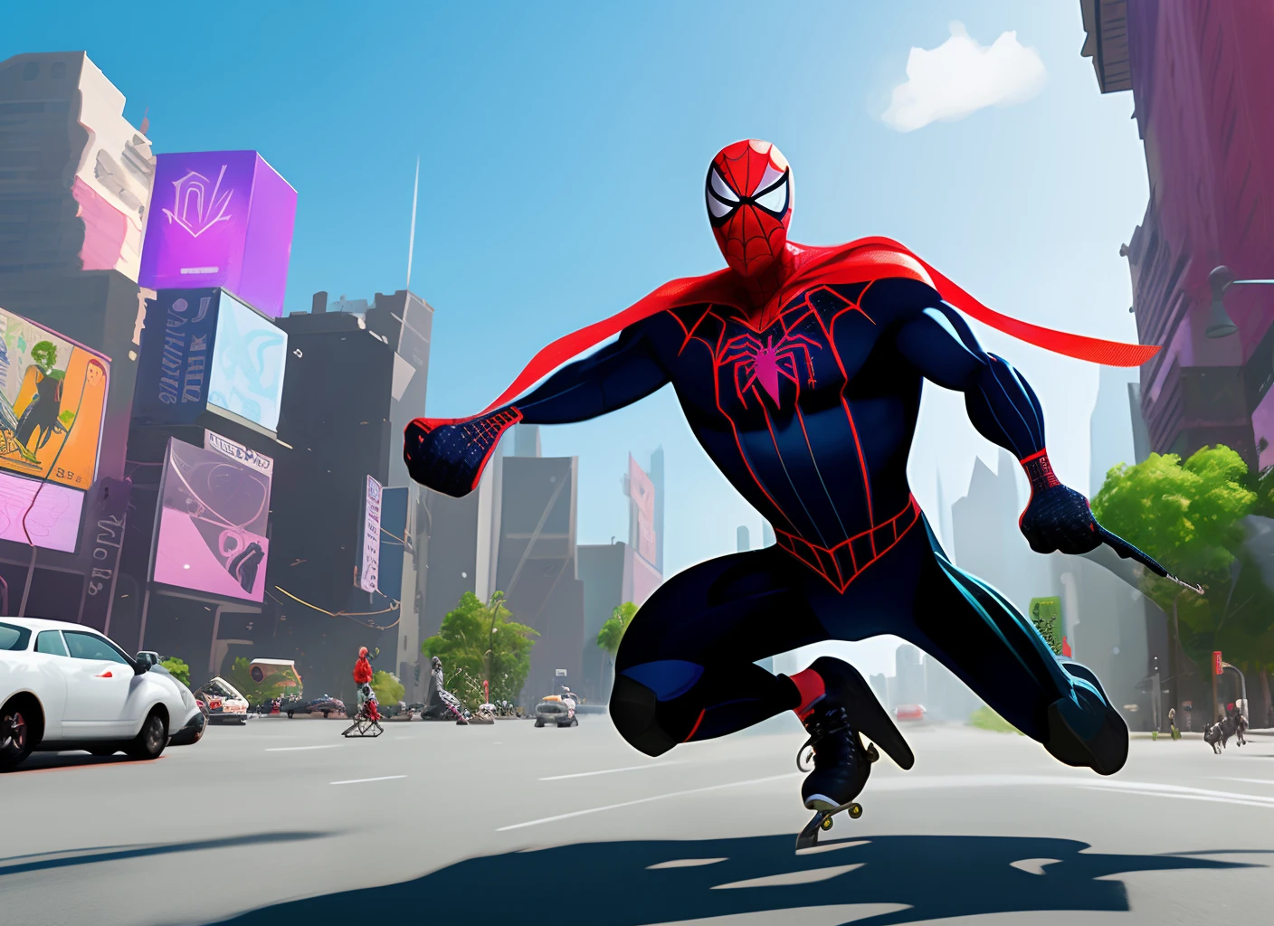 Spiderverse Characters, a man with darker ginger curly hair, green eye, roller skate with harness, elbow pad, wrist guard, knee pad, in the New York City, pale, , Russian