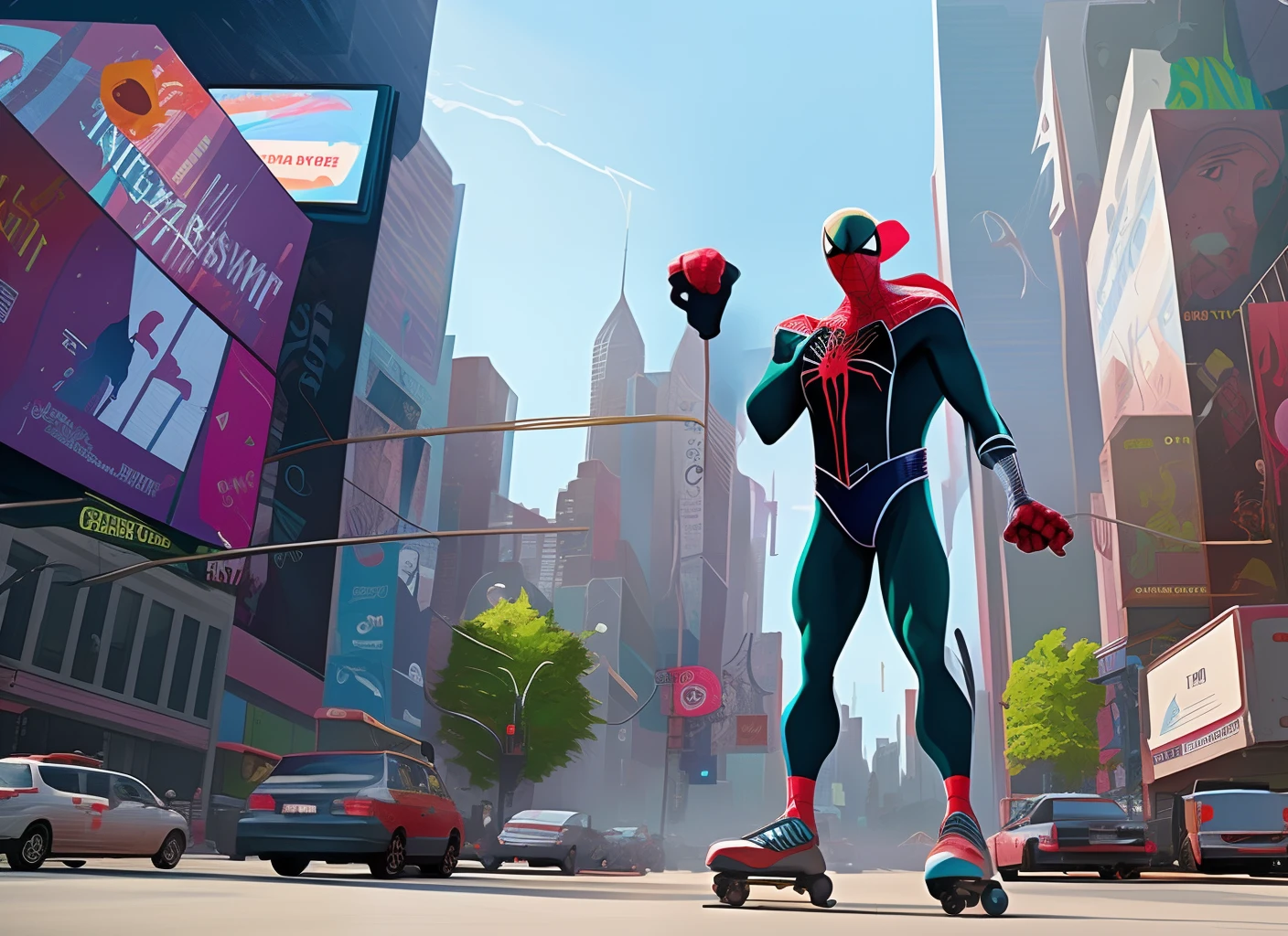 Spiderverse Characters, a man with darker ginger curly hair, green eye, roller skate with harness, elbow pad, wrist guard, knee pad, in the New York City, pale, 17 years old, Russian