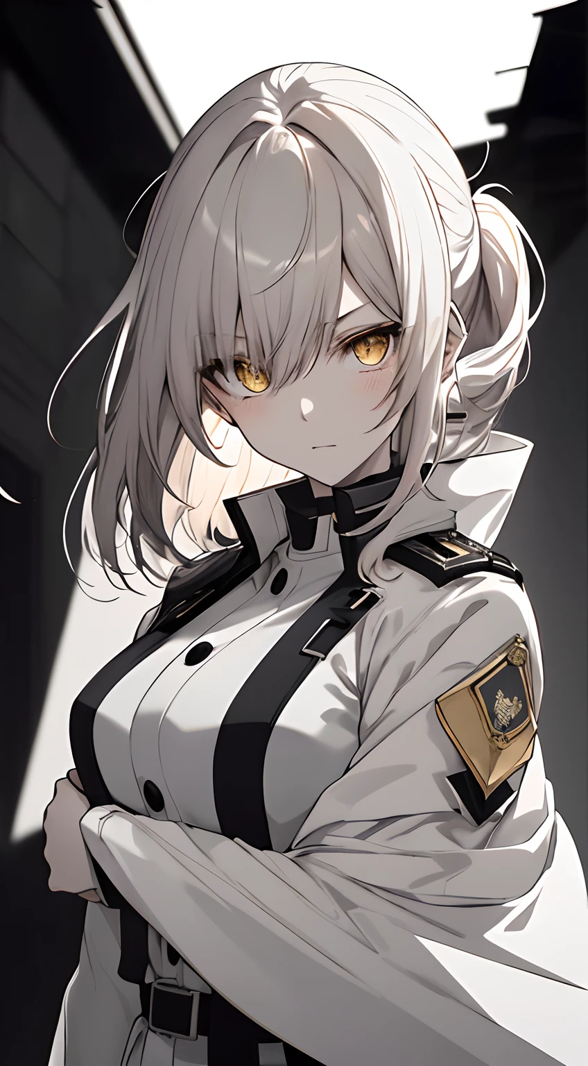 Full body, White one-piece military uniform, Jet black head of hair,(masutepiece:1.2, Best Quality), (finely detailed beautiful eye: 1.2), (beautifull detailed face), High contrast, (Best Illumination, extremely delicate and beautiful), ((Cinematic Light)), Dramatic light, Intricate details,Yellow eyes, Shining eyes, Medium chest、Belt under the chest、White military uniform, White skirt,Dark beige hair, Black tie,Embarrassed look,  (Pale white background:1.5), blushed face, long pony tail,