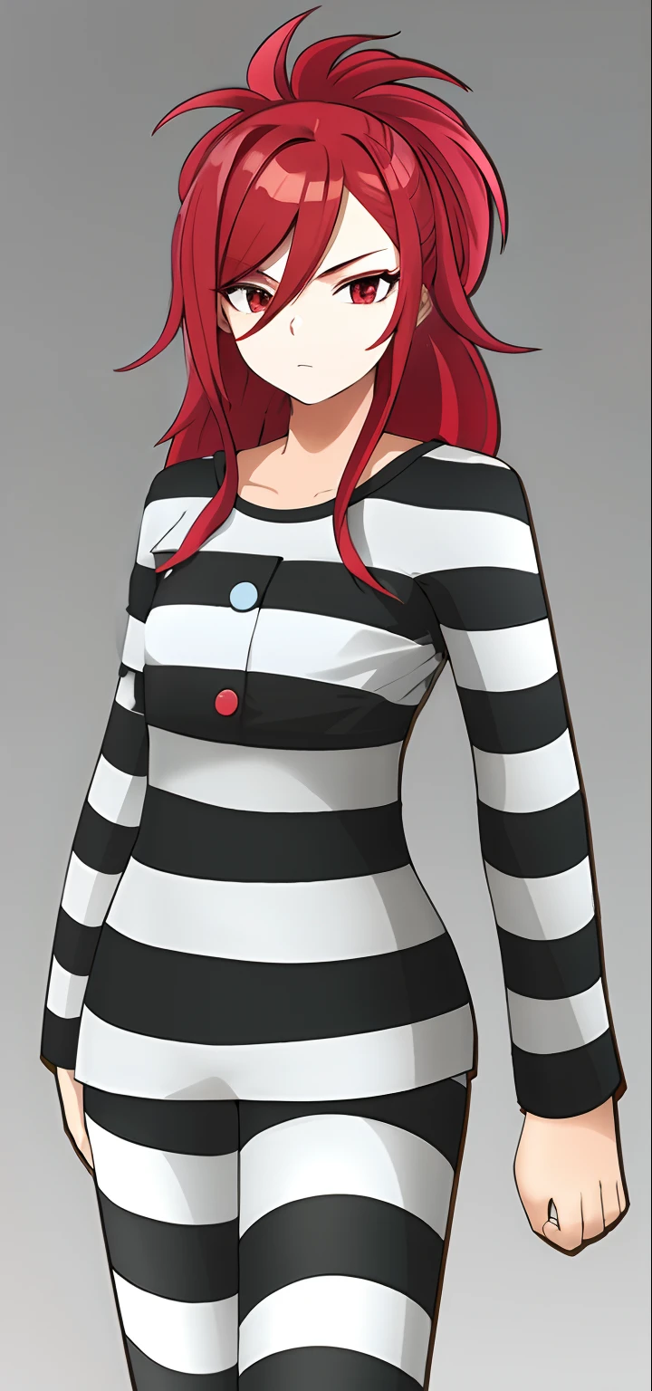 anime drawing of one man with red hair and black and white striped tops, in an anime style, in anime style, erza scarlet, in japanese anime style, very anime style, in manga style, red and black and white, black and white and red, subtle anime style, very modern anime style, with red hair, black and white manga style, ((buttons)), (male), (flat chest)