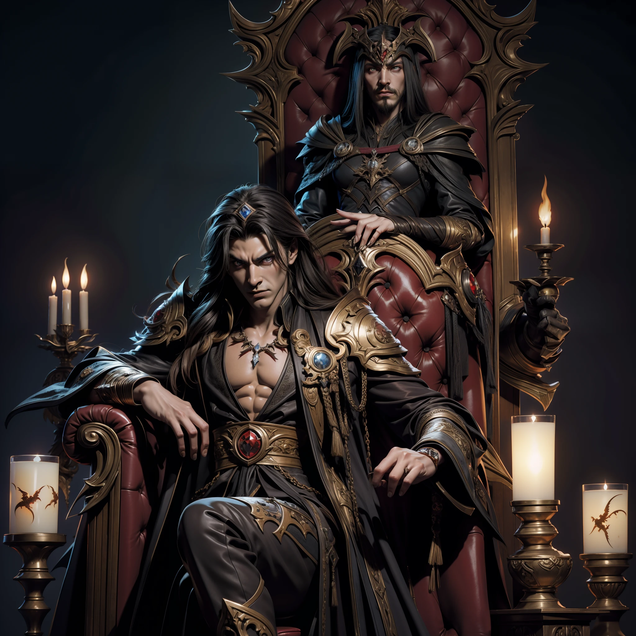 Castlevania Muscular Shadow Lord, hyper realistic, super detailed, Scary lord Dracula sitting in his legendary great Moroccan throne with very beautiful princesses sitting next to him scene Read large scrolls with an angry red expression, yeux brillants, hyper realistic face, Super Detailed Portrait, Prise de vue dynamique, Centerpiece, cinematic scene, Movie Scenes, Legendary Epic, proportions correctes, anatomie