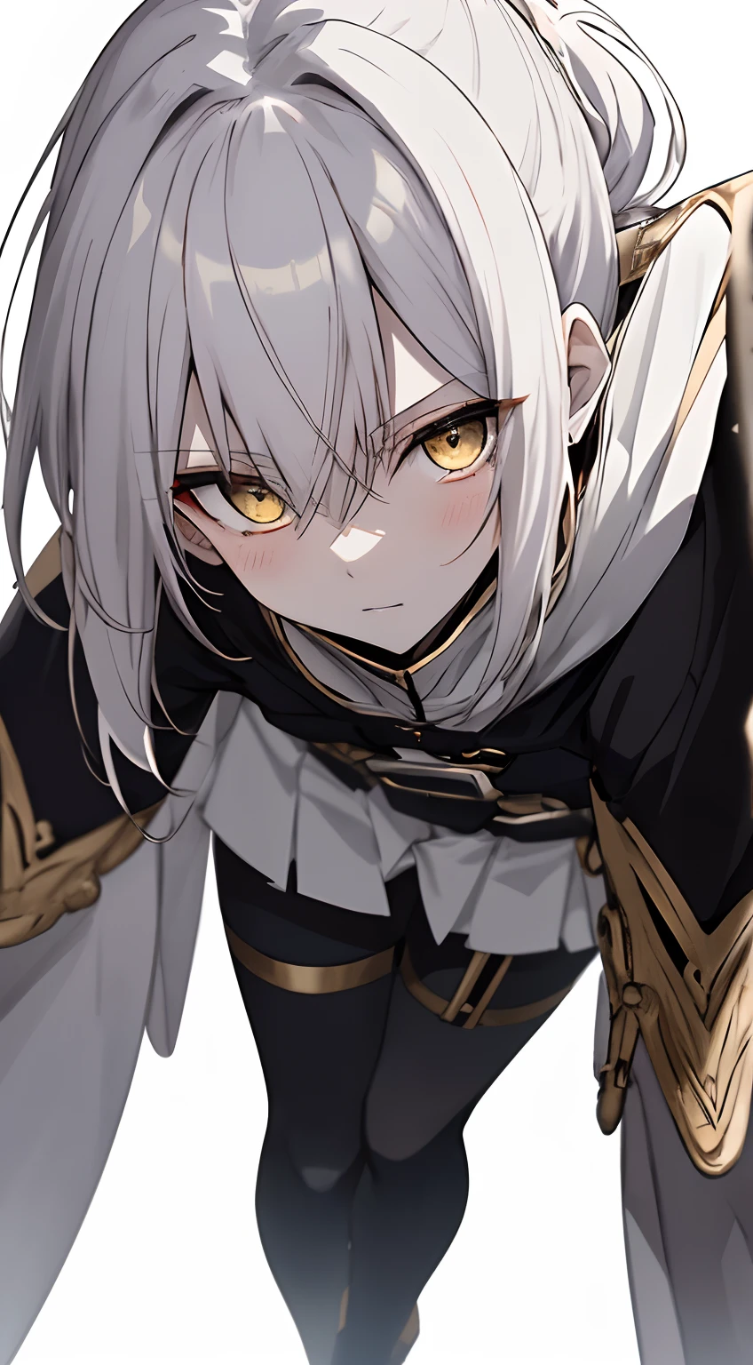 Full body, White one-piece military uniform, Jet black head of hair,(masutepiece:1.2, Best Quality), (finely detailed beautiful eye: 1.2), (beautifull detailed face), High contrast, (Best Illumination, extremely delicate and beautiful), ((Cinematic Light)), Dramatic light, Intricate details,Yellow eyes, Shining eyes, Medium chest、Belt under the chest、White military uniform, White skirt,Dark beige hair, Black tie,Embarrassed look, (Pale white background:1.5), blushed face, long pony tail,