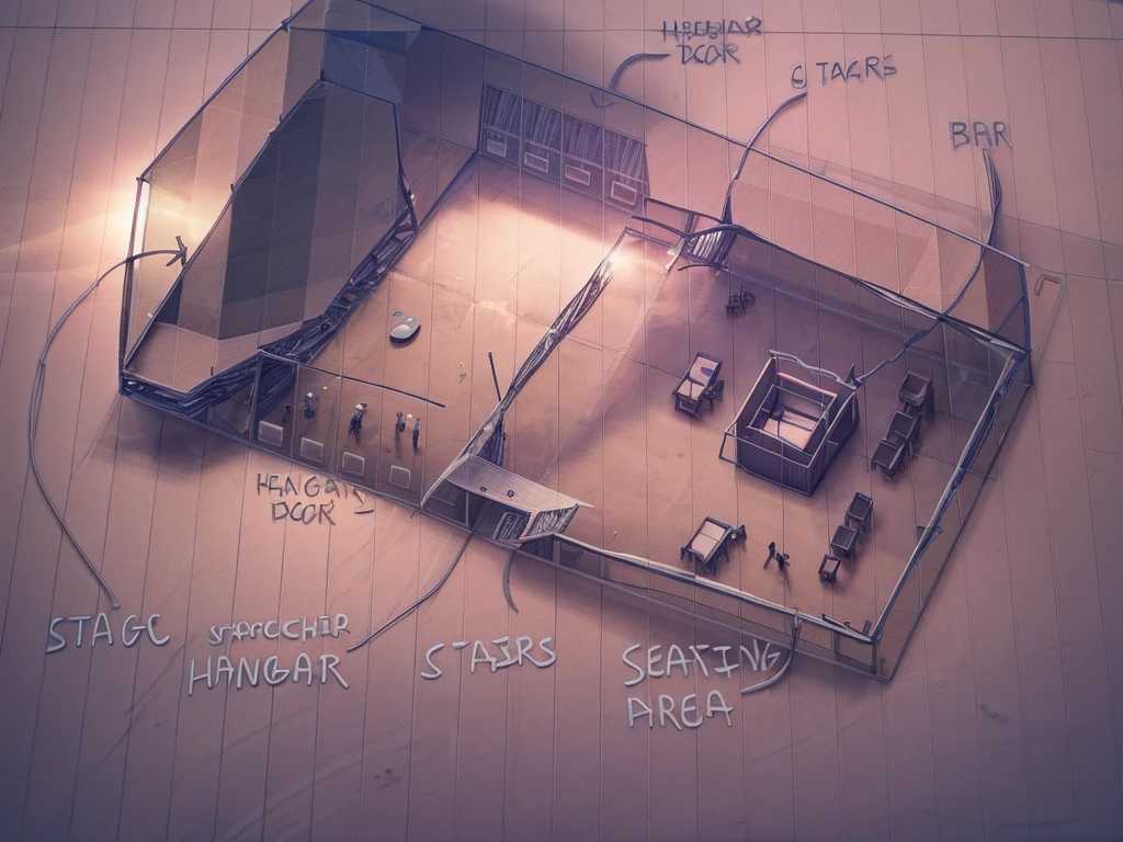 Isometric cutaway, starship hangar and stage and bar and bar seating