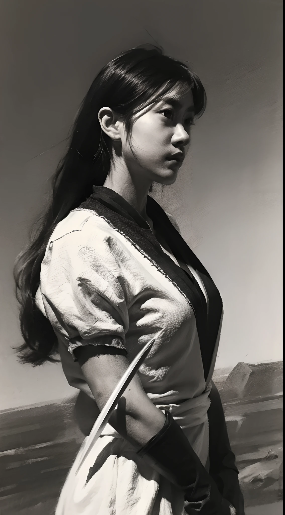 character sketch,charcoal drawing,Black and white,a beauty girl,swordsmen,ancient wind