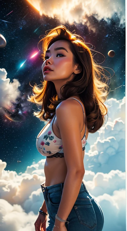 Beautiful face, beautiful body, Girl standing in the clouds staring up as the stars, stars floating around her, brilliant colors, amazing swirls of cosmic dust, colorful vibrant, light particles, Create digital artwork in the Pop Art style, Featuring a vibrant and confident young Asian girl,street fashion (breast), Movie color scheme, Surrounded by vintage flower motifs, Vibrant brushstrokes,Emotions should be dynamic, Upper body, Drawing, illustration, escala cinza, tropical, Many flowers,