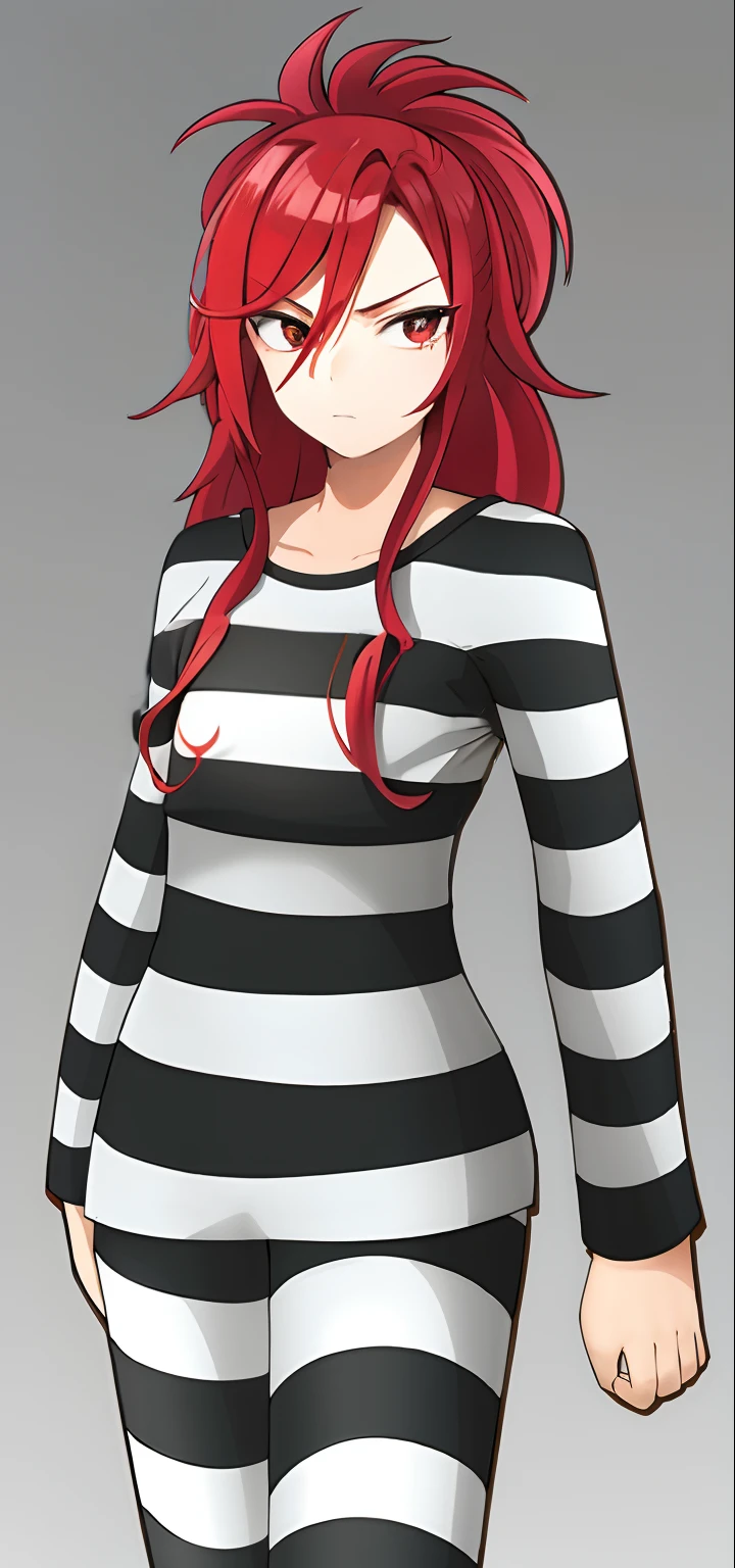 anime drawing of one man with red hair and black and white striped tops, in an anime style, in anime style, erza scarlet, in japanese anime style, very anime style, in manga style, red and black and white, black and white and red, subtle anime style, very modern anime style, with red hair, black and white manga style, (male), (flat chest)