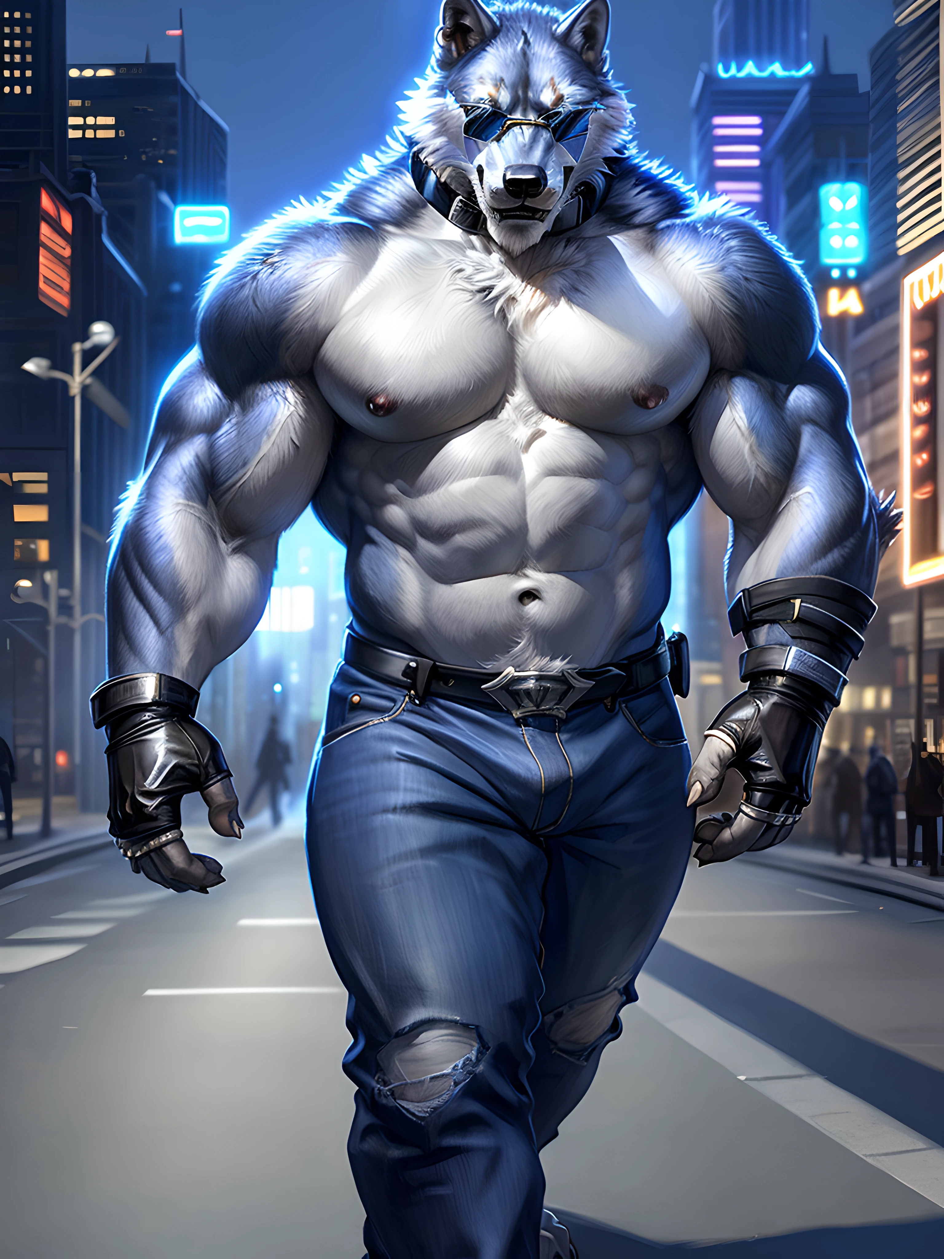 freddy, wolf, anthro body, wolf, (very muscular, heavyweight, strong chest:1.3), male, masculine, 4k, high resolution, correct anatomy, (city background), (night:1.2), half body, (by taran fiddler, by rukis:1.0), correct lighting, correct shadows, detailed, detailed fur, realistic shading, bare torso, jeans, leather fingerless gloves, sunglasses, black collar, walking towards camera