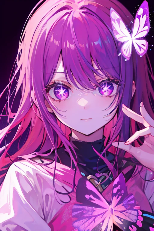A pink haired woman with violet eyes is holding a butterfly