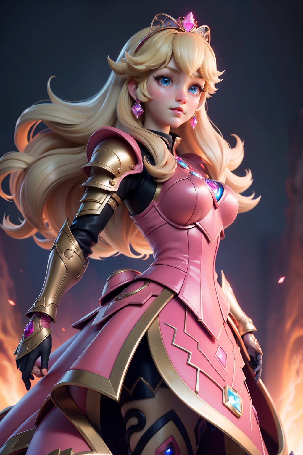 3dmm style,(masterpiece, top quality, best quality, official art, beautiful and aesthetic:1.2), (fractal art:1.3), 1girl, beautiful, high detailed, princess peach, blonde, blue eyes, dark lighting, serious face, looking the sky, sky, medium shot, black pink ironman armor, mushroom Kingdom background, jewelry