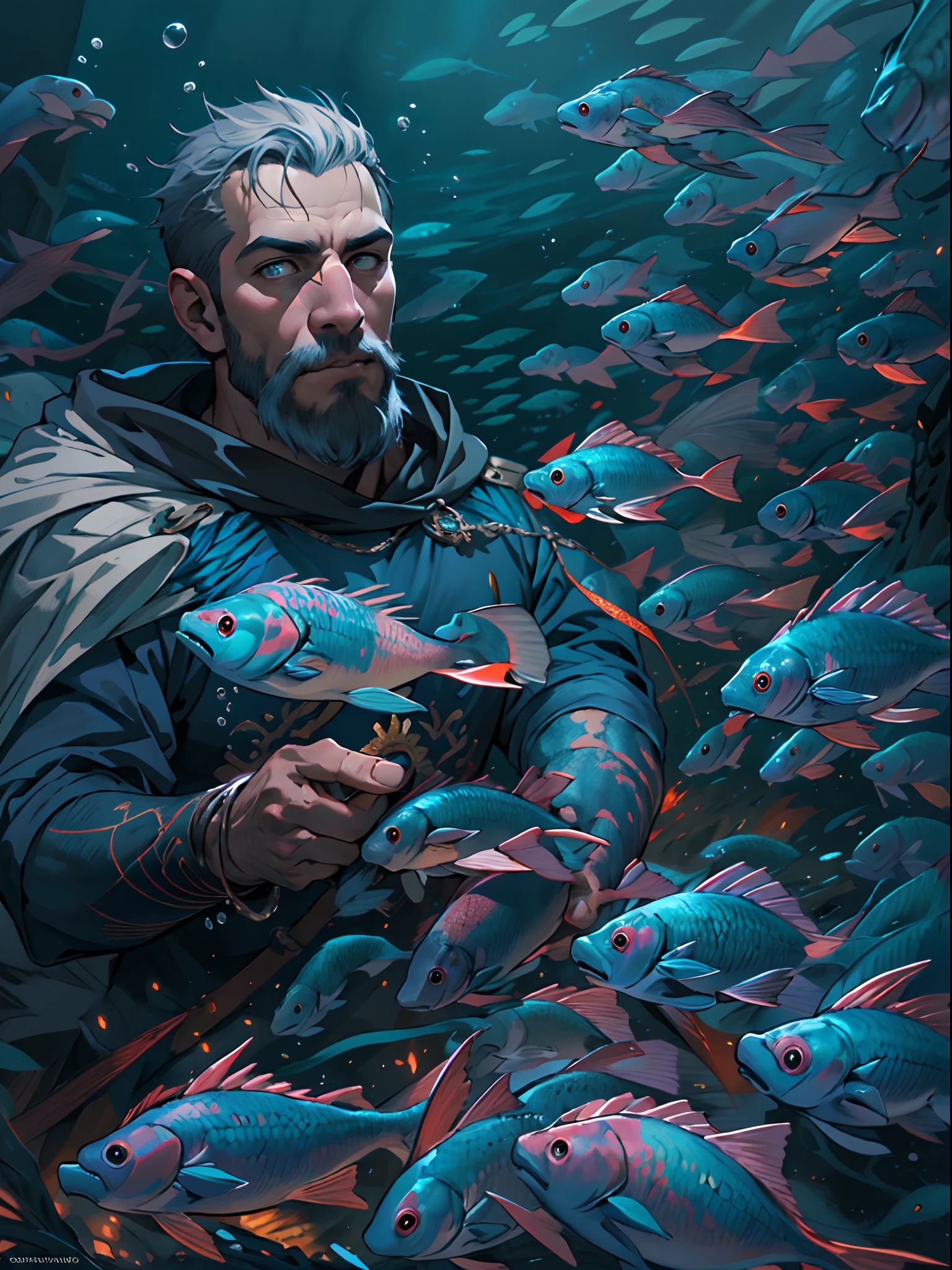 Realismo,(Obra maestra),mejor calidad,super definicion,8k,detalles intrincados,1 hombre encadenado en la profundidaes del oceano,intentando escapar,ahogandose,luchando con todas sus fuerzas,fondo azul oscuro,rodeado de peses y vida marina,hombre rudo con cicatrises por todo el cuerpo.