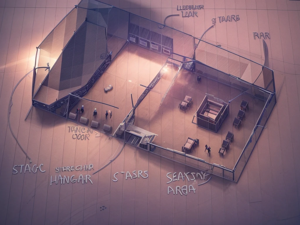 Isometric cutaway, starship hangar and stage and bar and bar seating, lighting, stage lights, bar lights