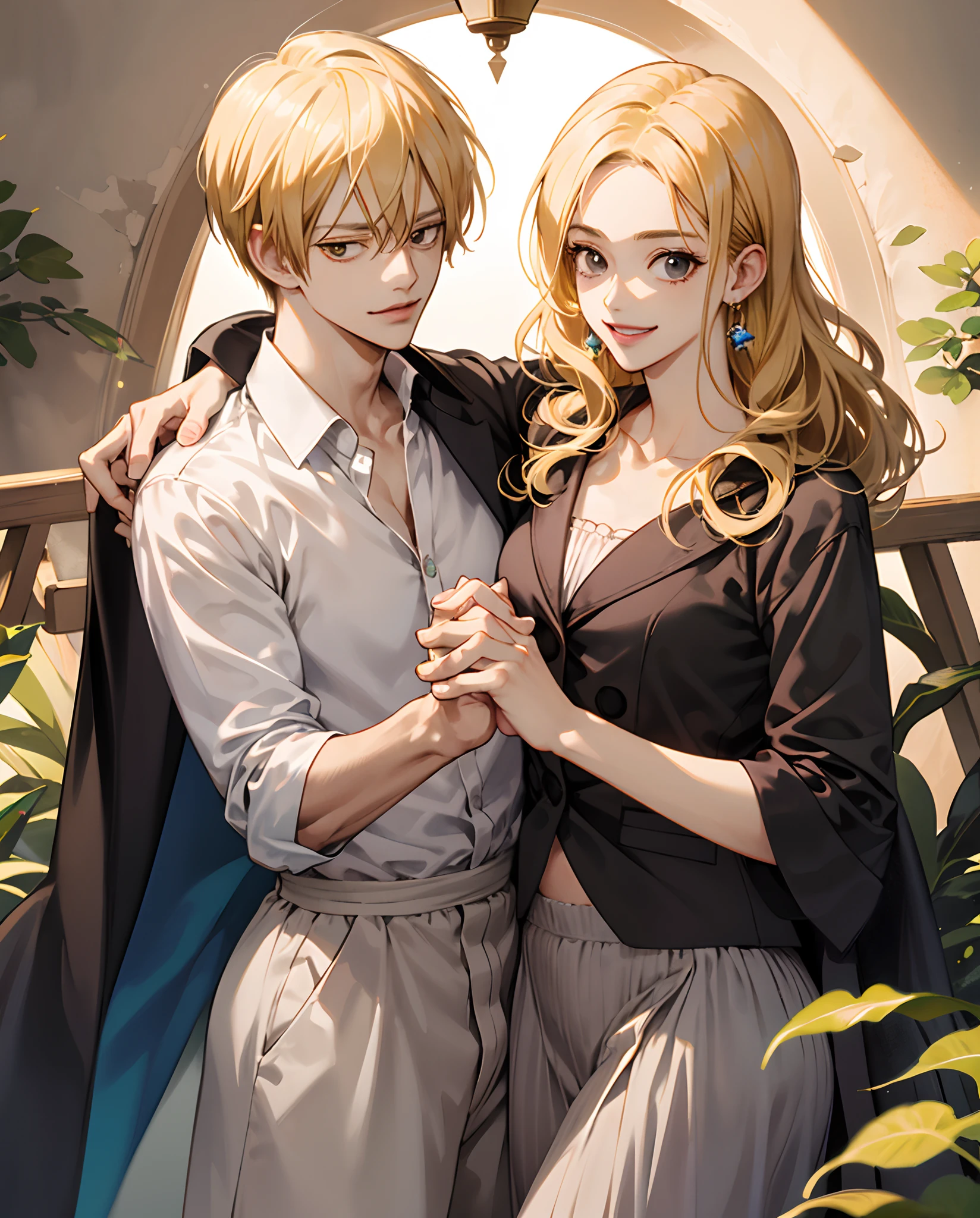 Sanji from one piece with blonde hair with a lock of hair covering her eye with a girl with brown curly hair holding her hands together, Sanji is smiling and seems very much in love.