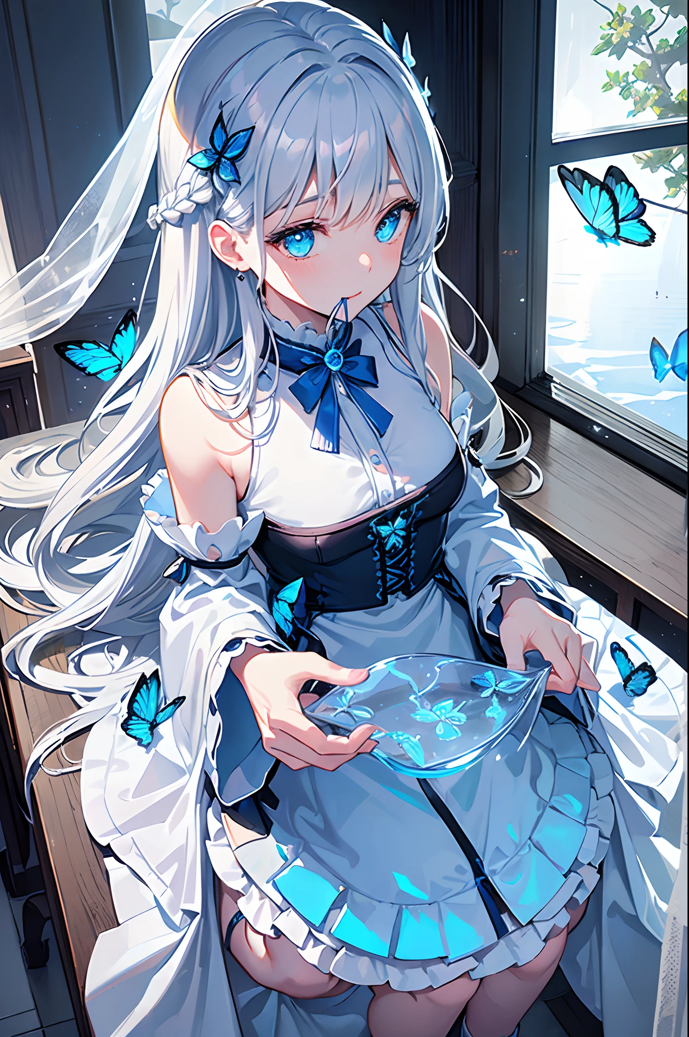 Overhead Views),Dynamic Angle,Ultra Detail, Illustration, Close Up, Straight, One Girl, (Fantasy:1.4), (Azure Eyes:1.233),Her Eyes Glowed Like Dreamy Stars,(Glowing Eyes:1.233),(Beautiful and Delicate Eyes:1.1),(Silver Hair:1.14),(Unkempt Hair,Very Long Hair,Braids,Between Eyes,Side Locks), (+ (Bull Hair Flower: 1.14)),(Chiffon Dress,Blue Floral Pattern on Uniform)/=(Military Uniform: 1.24),(Sleeveless,Wide Sleeve),(Fingerless Gloves),Choker,(Priestess Niso),High Heels,(Expressionless,Mouth Closed),(Stingling),(Classic Princess Boudoir with Dressing Table and French Window in White Ancient Palace),(White Flower,Flower),(Deep Sea),(Flowing Water),(Dull Blue World Tree:1.14), (Ruins),(Night:1.2 ),Dreamy,Soul,(Fluorescence),(Translucent Blue Butterfly Fly:1.15),[[Delicate Fingers and Hands:0.55]::0.85],(Fine Fingers),(Yubao:0.5)