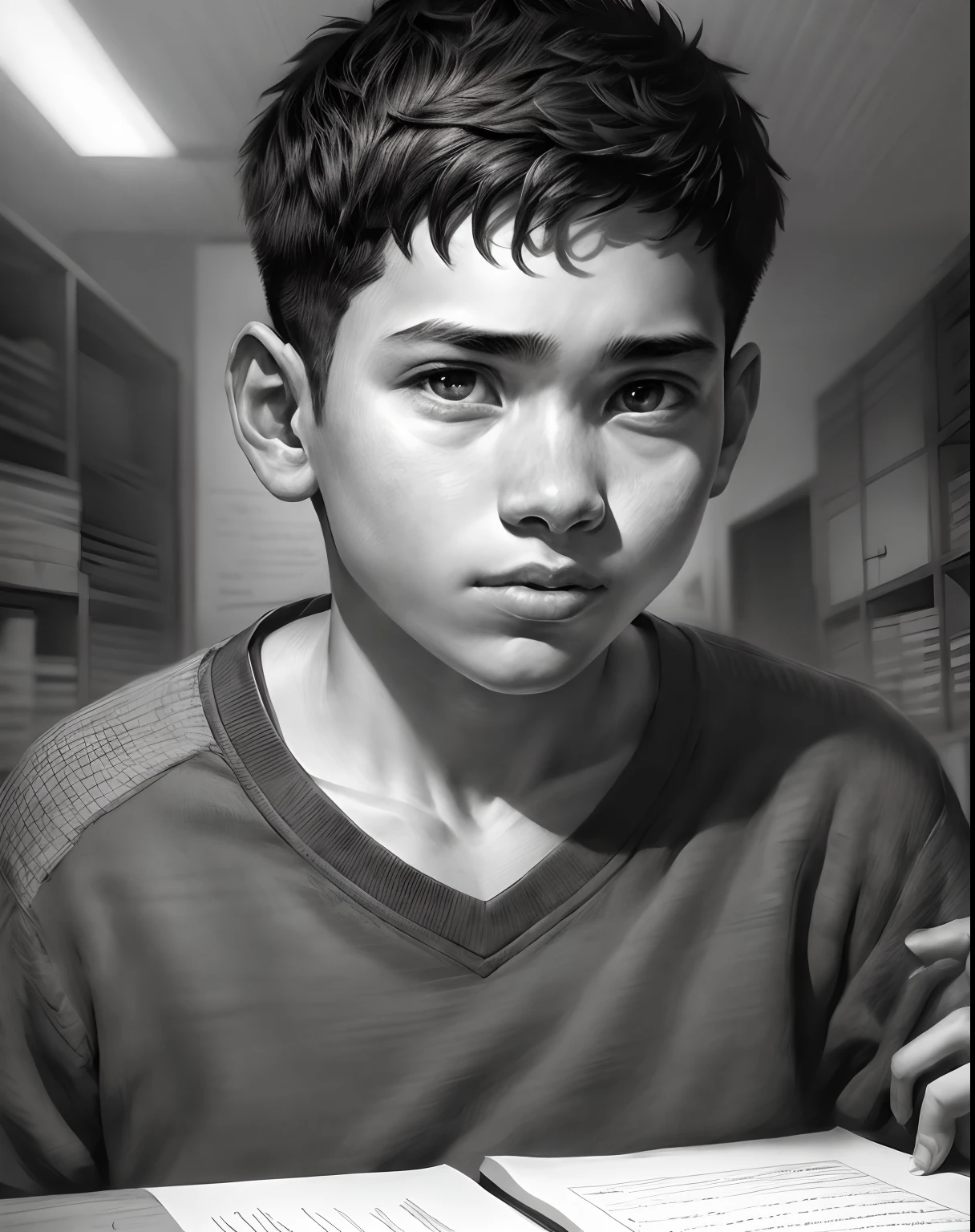 A -yeld botudies in a classroom, Close-up portrait, charcoal portrait, Black and white, Pencil sketch. (Best quality, A high resolution, Ultra-detailed), Studio lighting, Realistic, Vivid colors, Fine details, Dramatic lighting, Contrast.