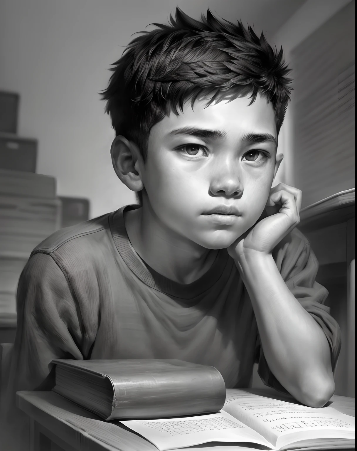 A -yeld botudies in a classroom, Close-up portrait, charcoal portrait, Black and white, Pencil sketch. (Best quality, A high resolution, Ultra-detailed), Studio lighting, Realistic, Vivid colors, Fine details, Dramatic lighting, Contrast.